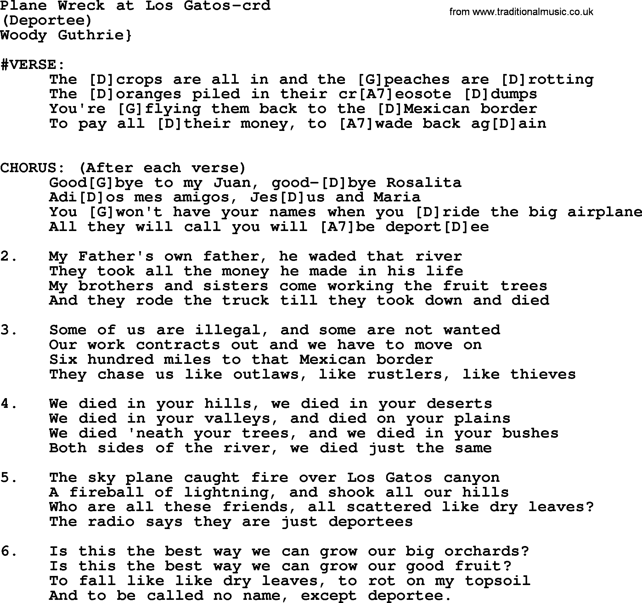 Woody Guthrie song Plane Wreck At Los Gatos lyrics and chords