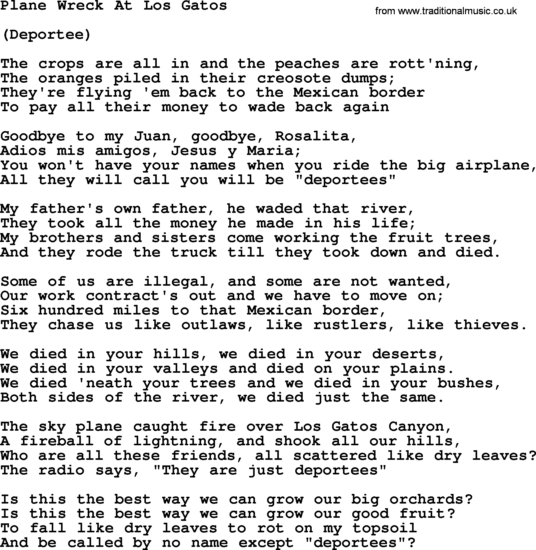 Woody Guthrie song Plane Wreck At Los Gatos lyrics