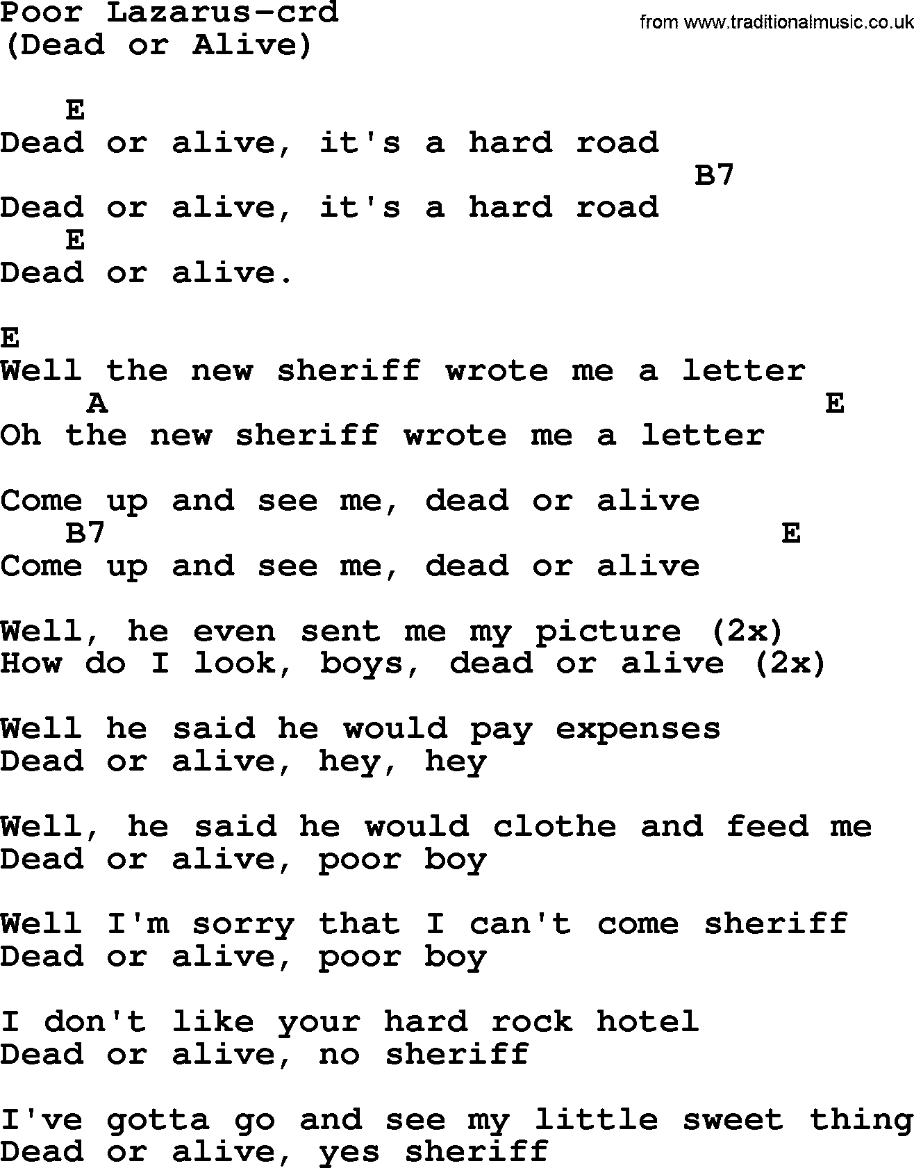 Woody Guthrie song Poor Lazarus lyrics and chords