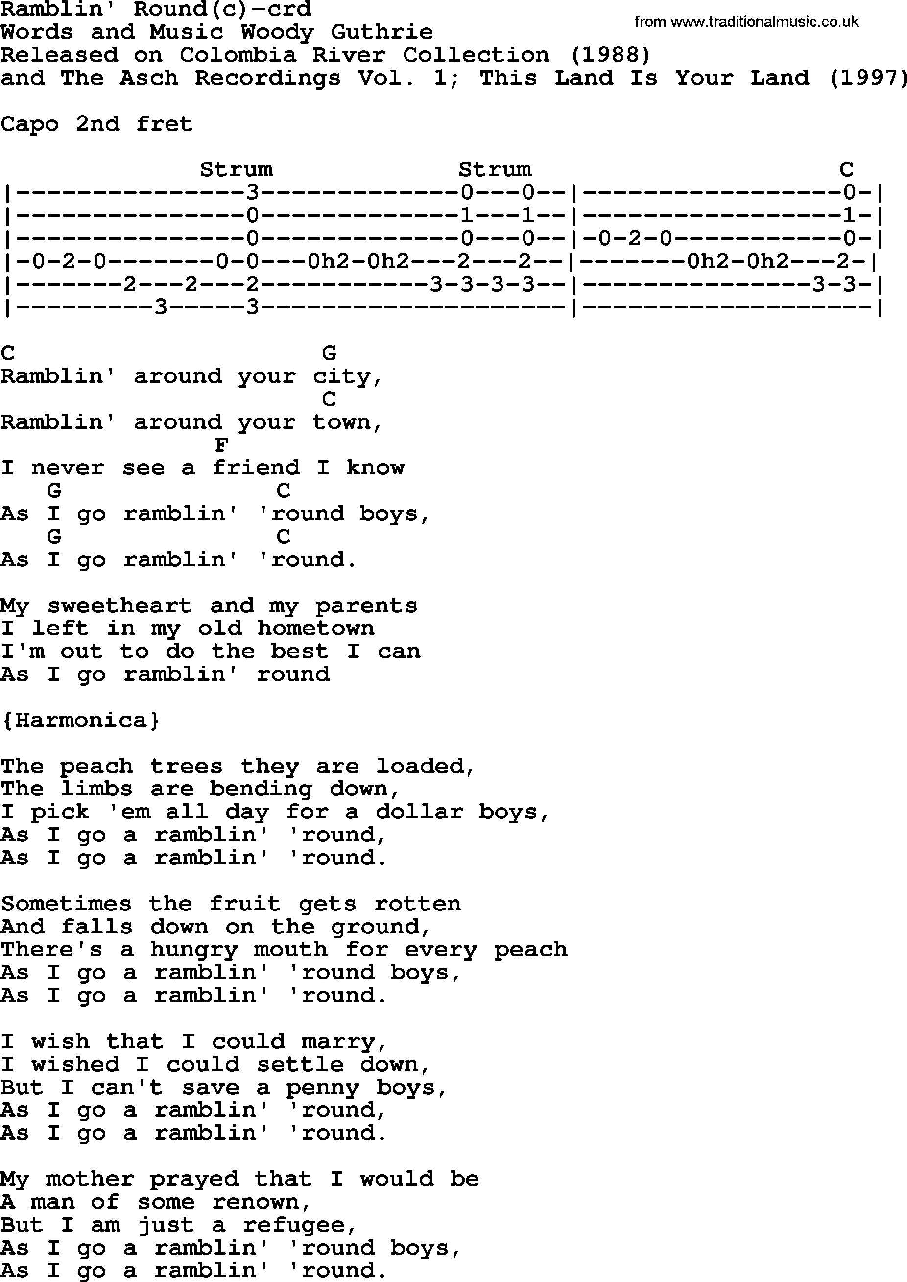 Woody Guthrie song Ramblin' Round(c) lyrics and chords