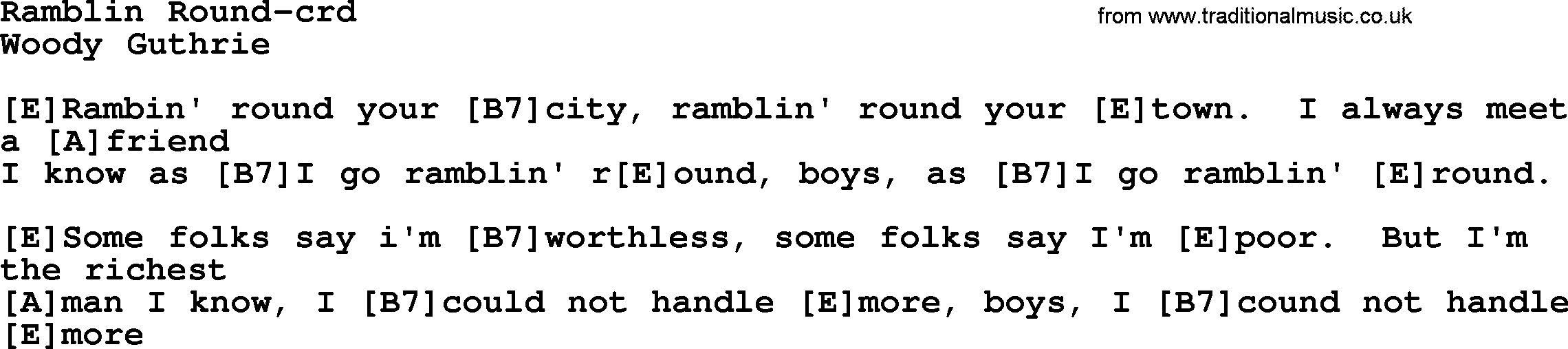 Woody Guthrie song Ramblin Round lyrics and chords