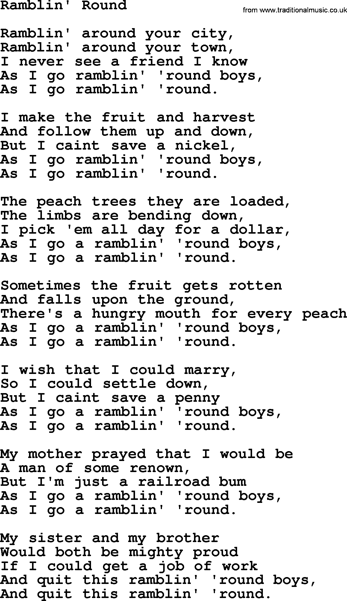 Woody Guthrie song Ramblin Round lyrics