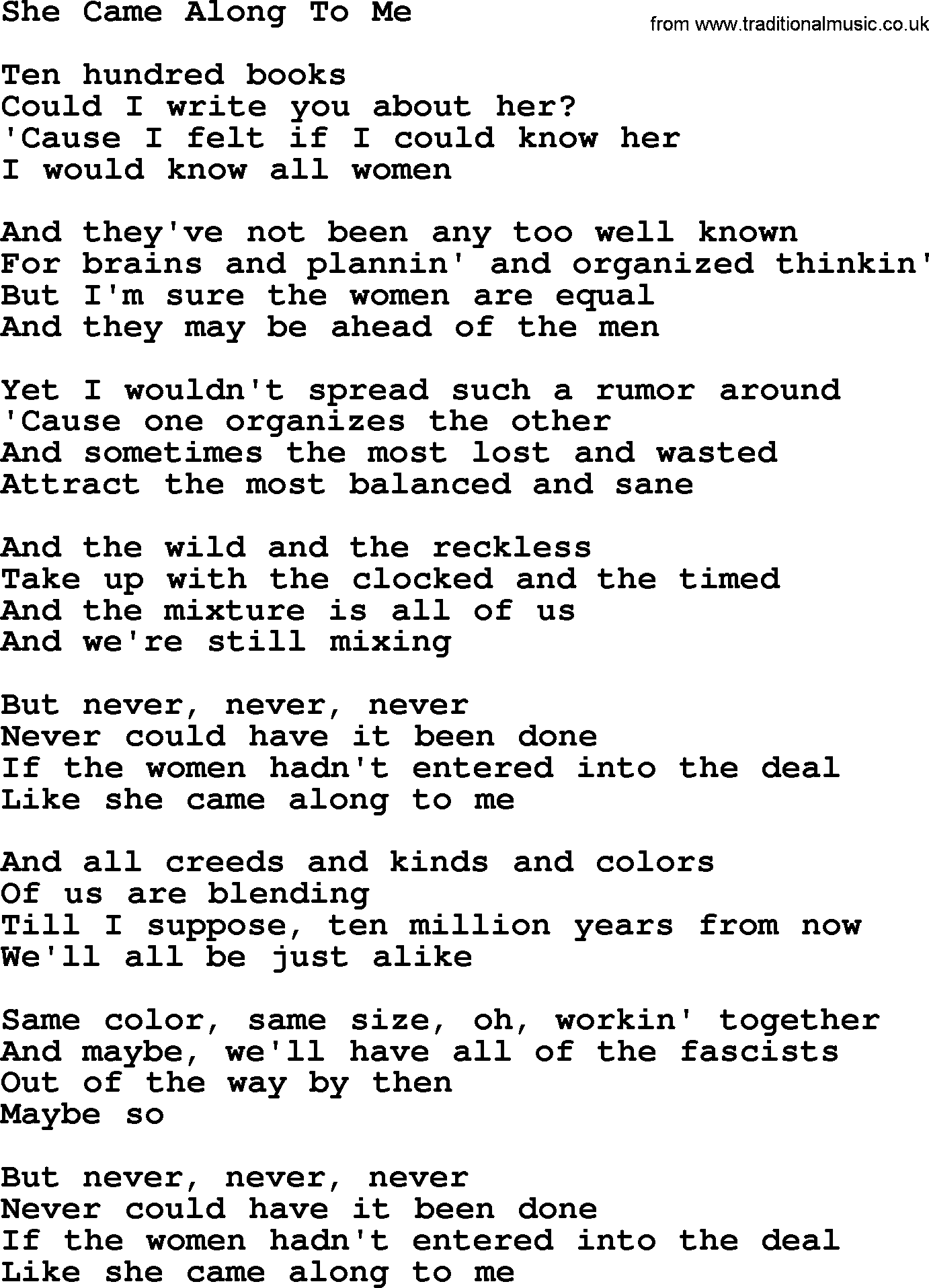 Woody Guthrie song She Came Along To Me lyrics