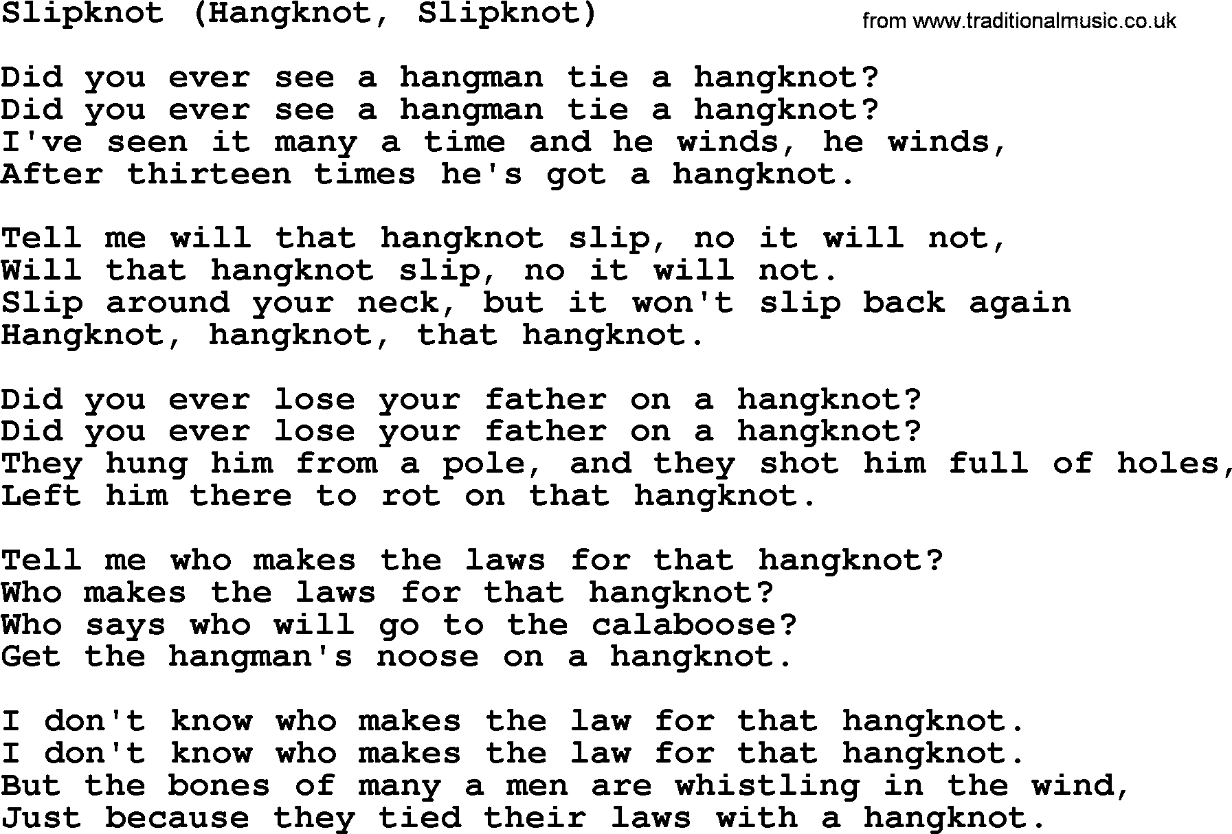 Woody Guthrie song Slipknot Hangknot Slipknot lyrics