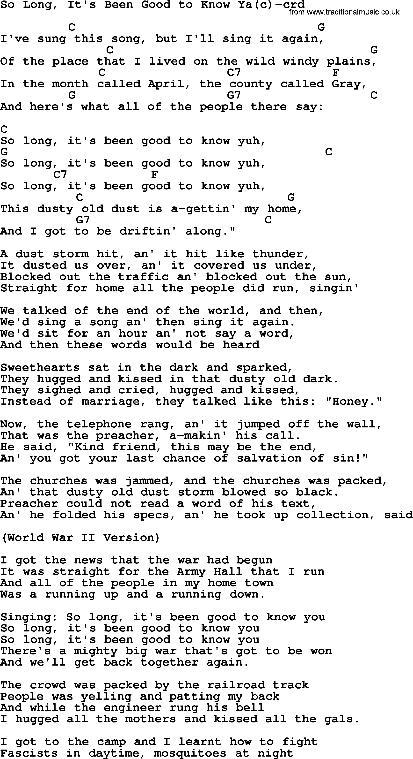 Woody Guthrie song So Long, It's Been Good To Know Ya(c) lyrics and chords