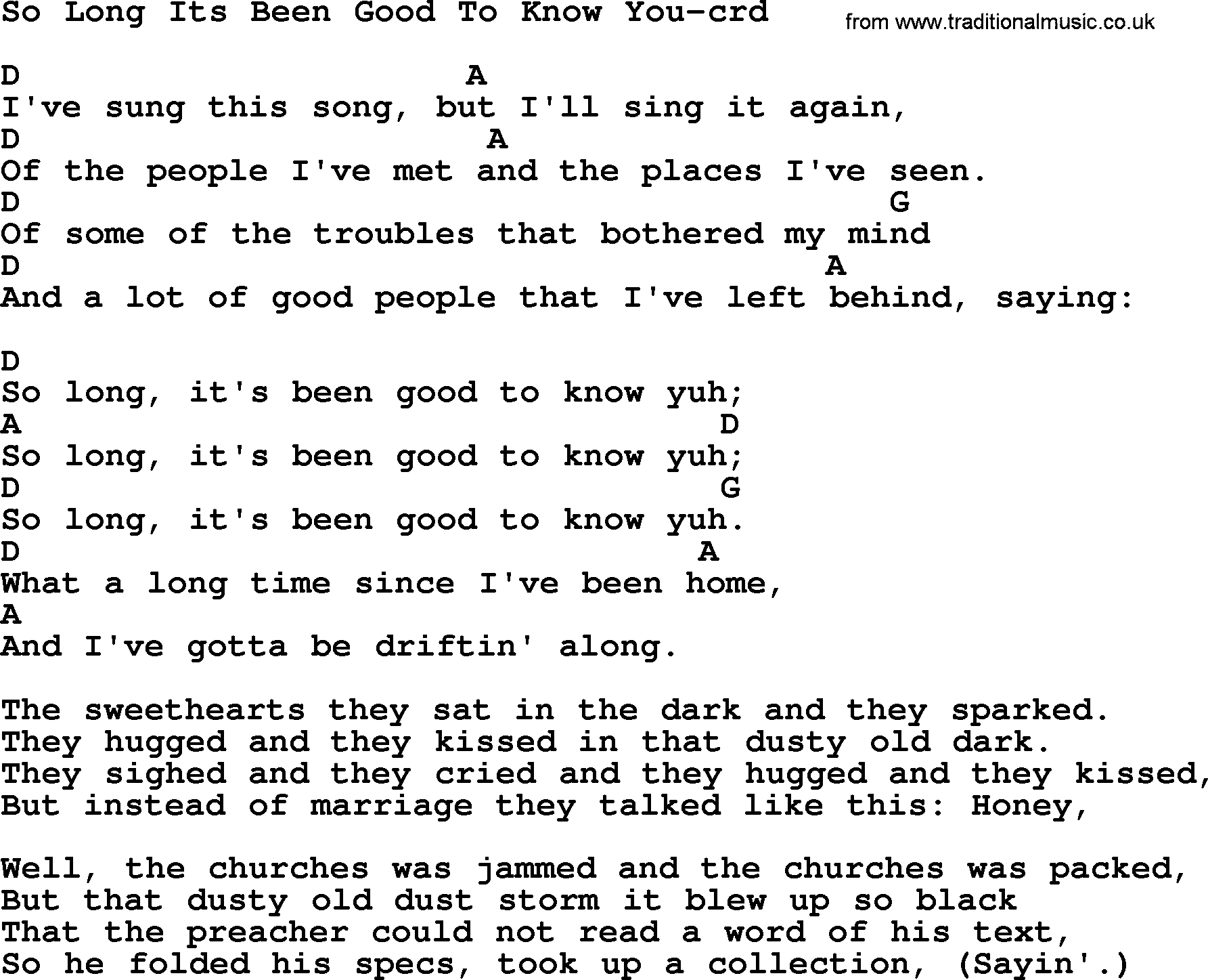Woody Guthrie song So Long It's Been Good To Know You lyrics and chords