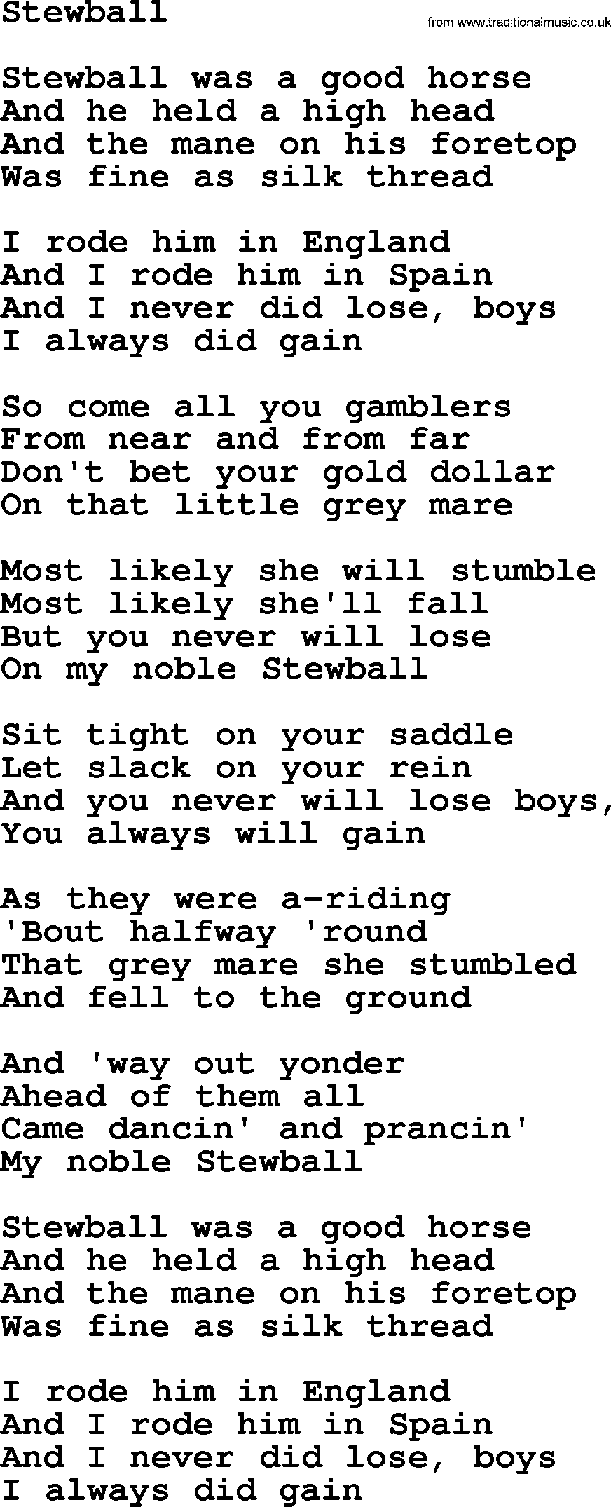 Woody Guthrie song Stewball lyrics