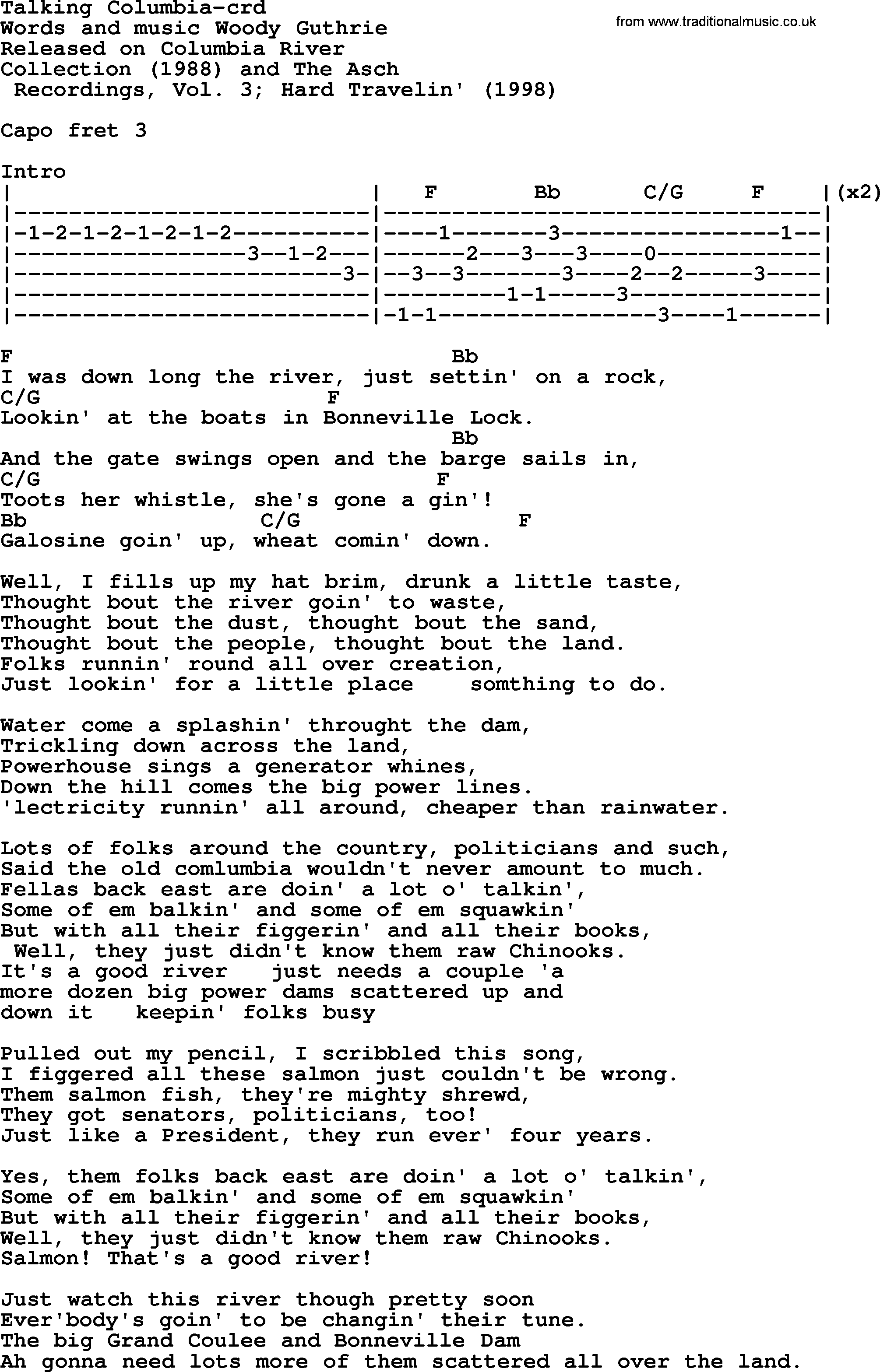 Woody Guthrie song Talking Columbia lyrics and chords