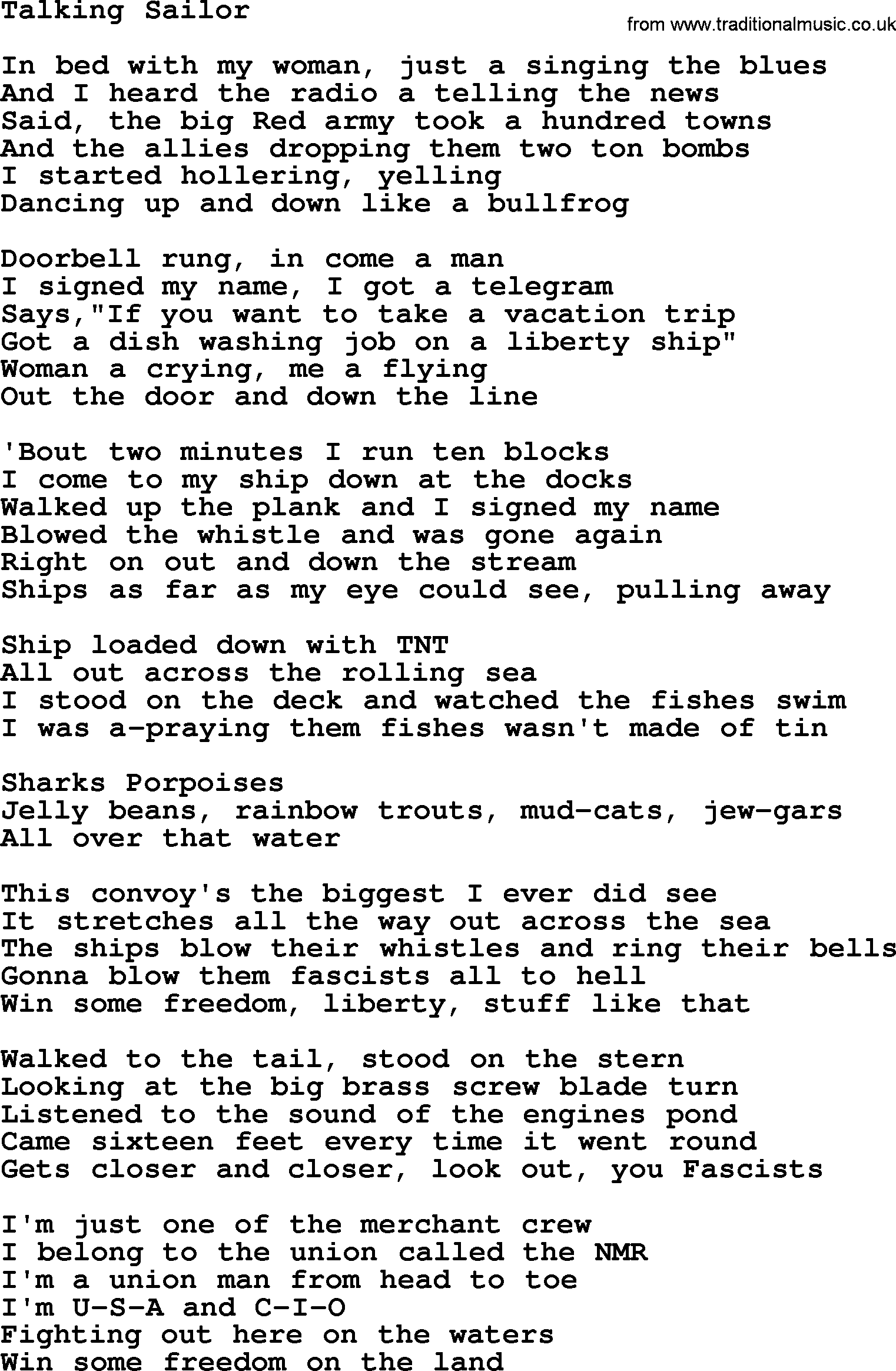 Woody Guthrie song Talking Sailor lyrics
