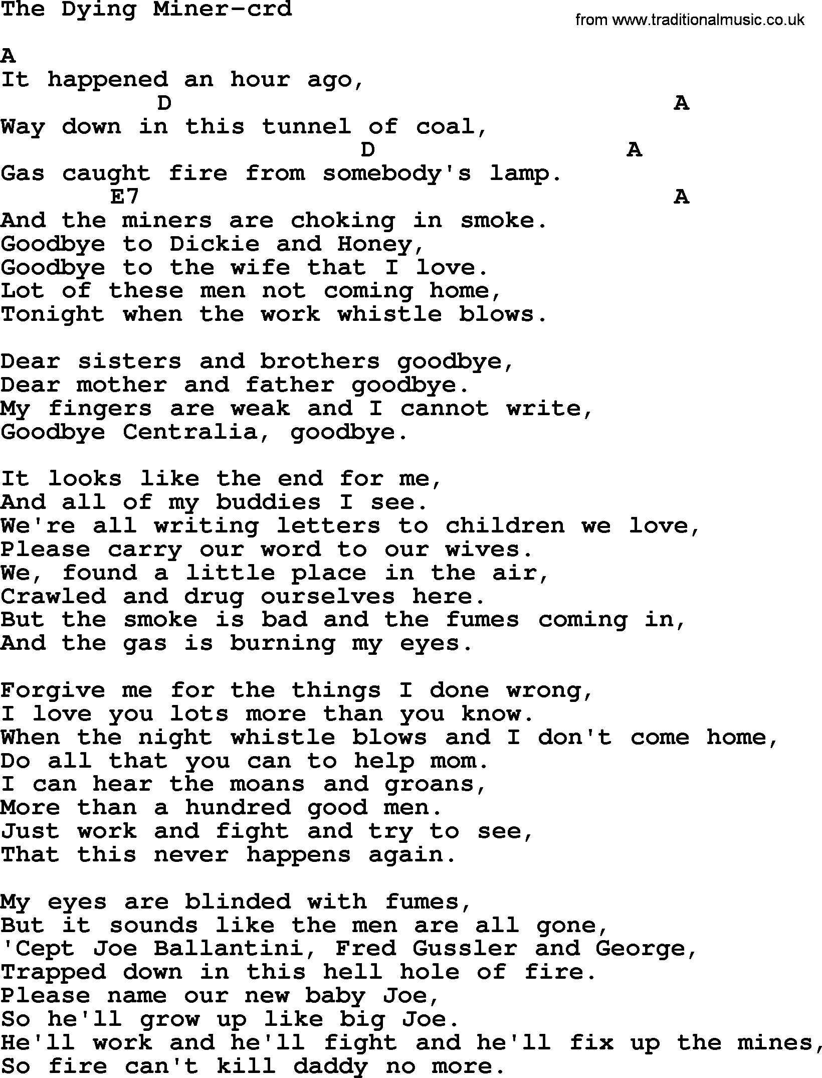 Woody Guthrie song The Dying Miner lyrics and chords