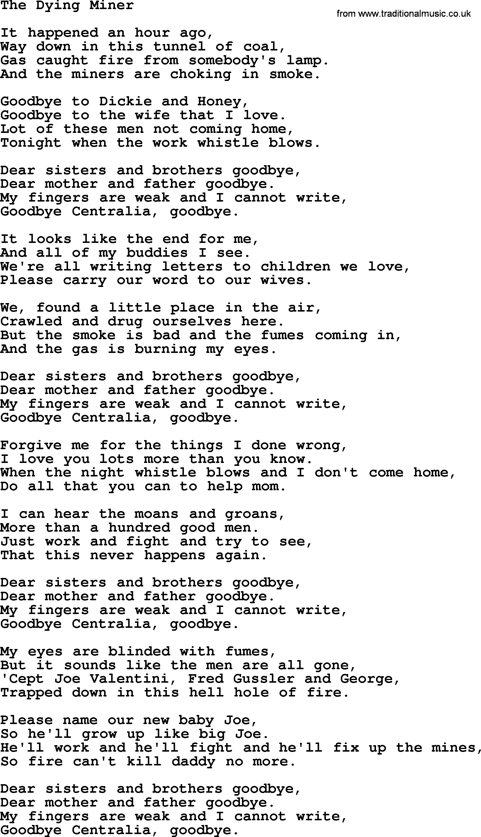 Woody Guthrie song The Dying Miner lyrics