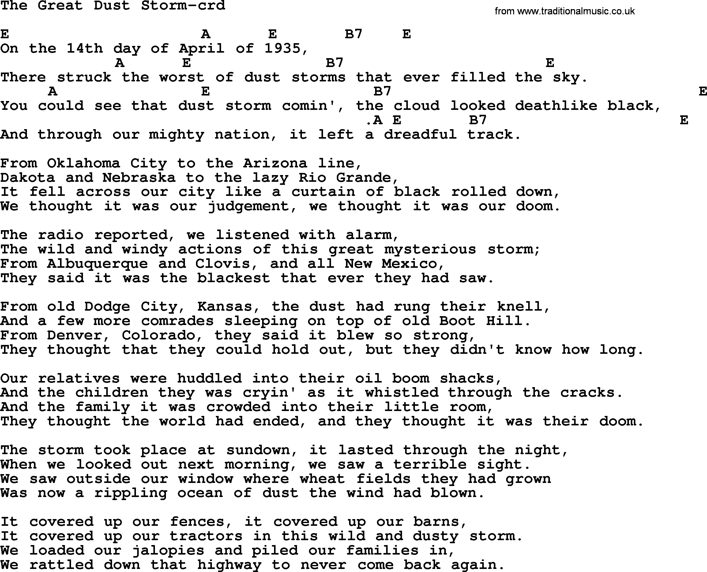 Woody Guthrie song The Great Dust Storm lyrics and chords