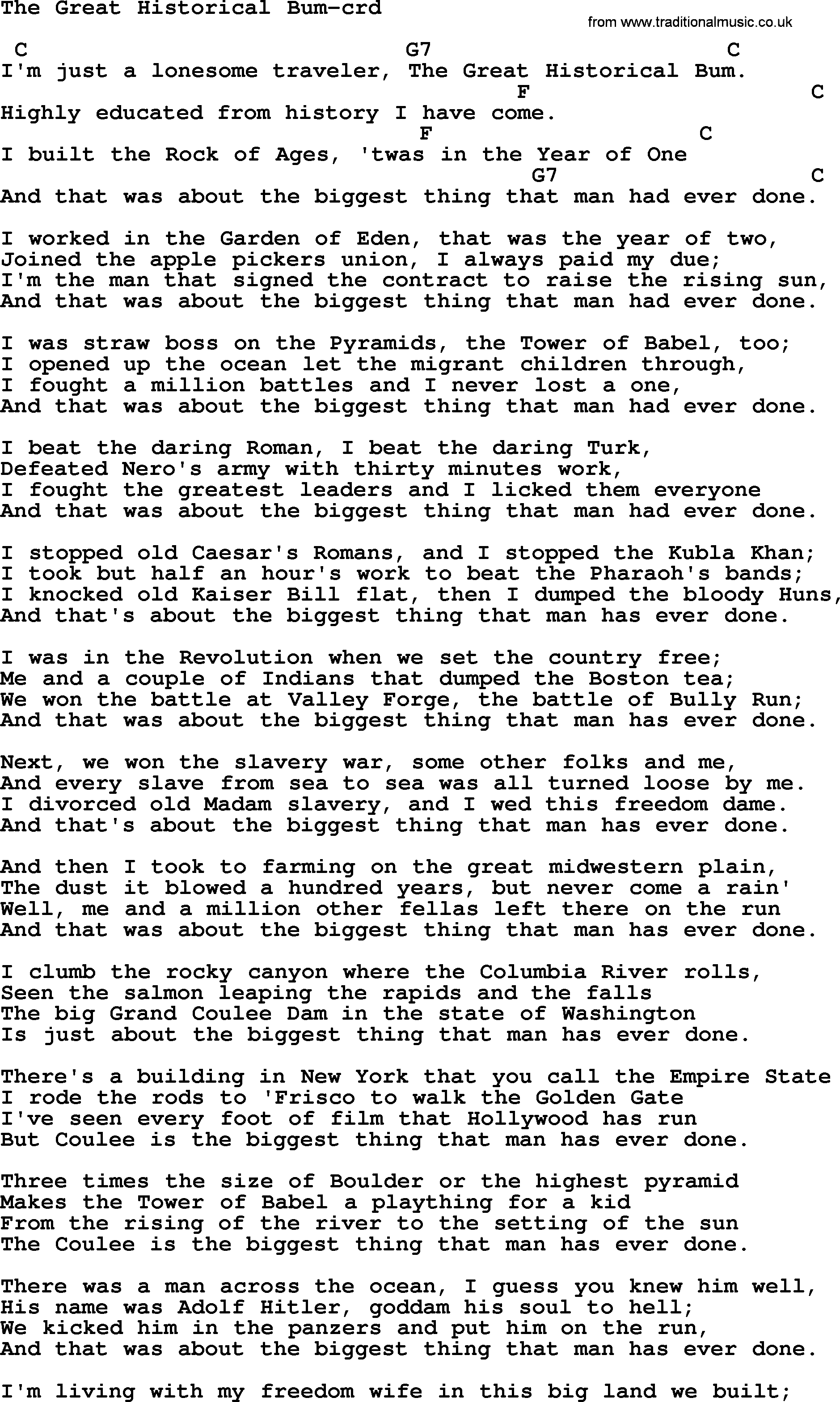 Woody Guthrie song The Great Historical Bum lyrics and chords