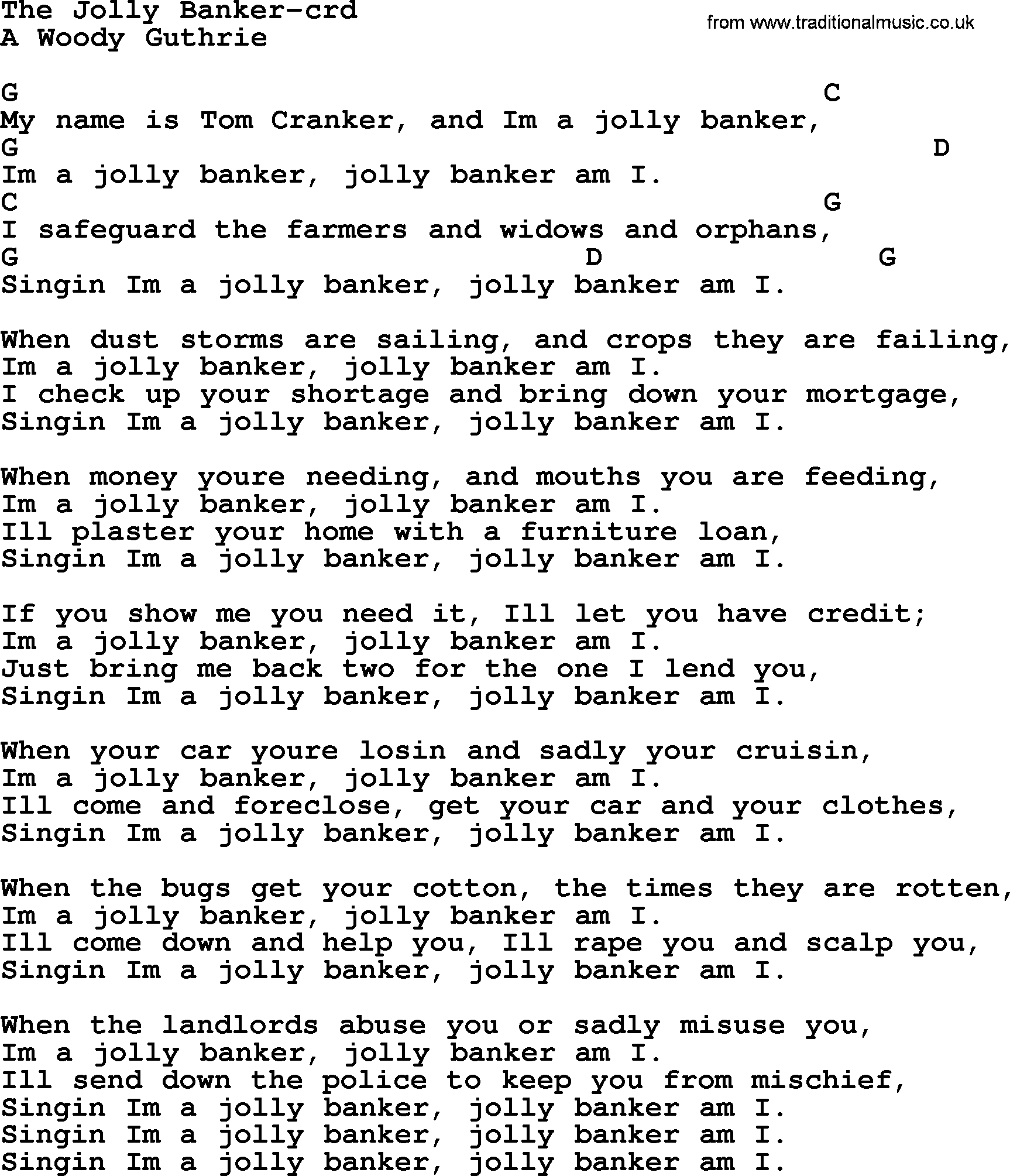 Woody Guthrie song The Jolly Banker lyrics and chords