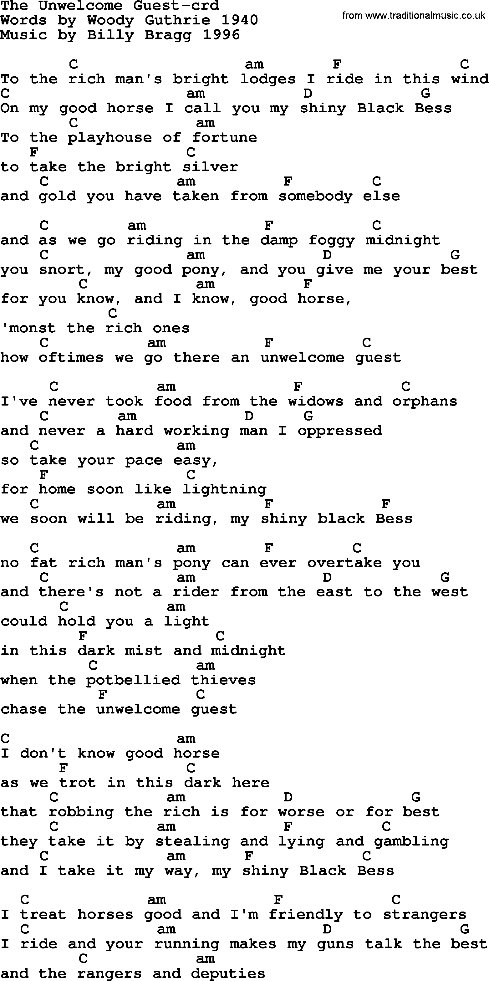 Woody Guthrie song The Unwelcome Guest lyrics and chords
