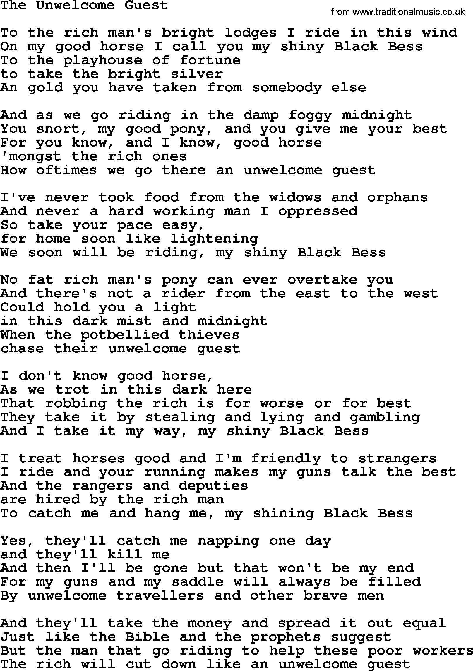 Woody Guthrie song The Unwelcome Guest lyrics