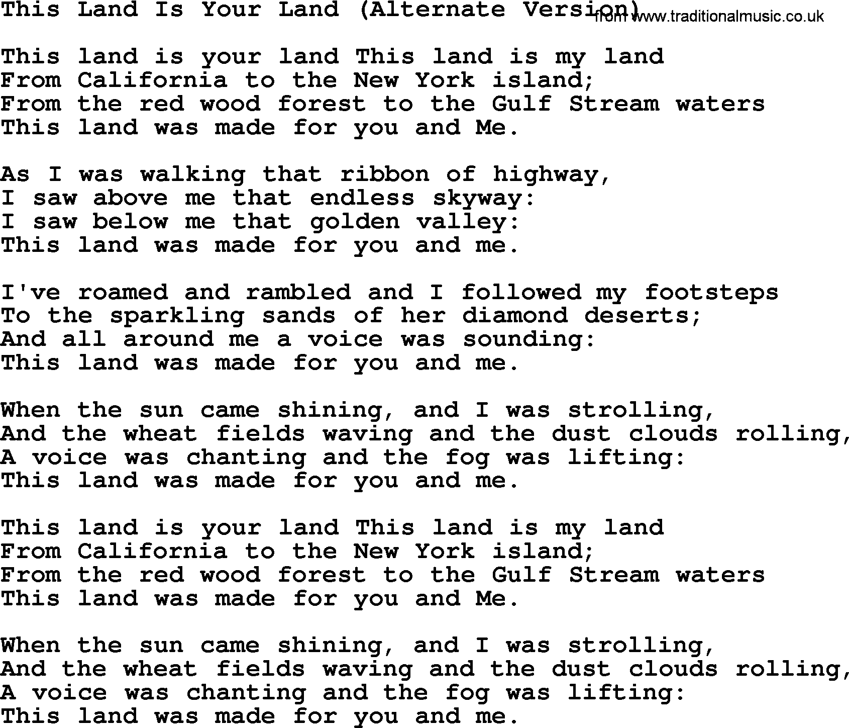 Woody Guthrie song This Land Is Your Land Alternate Version lyrics