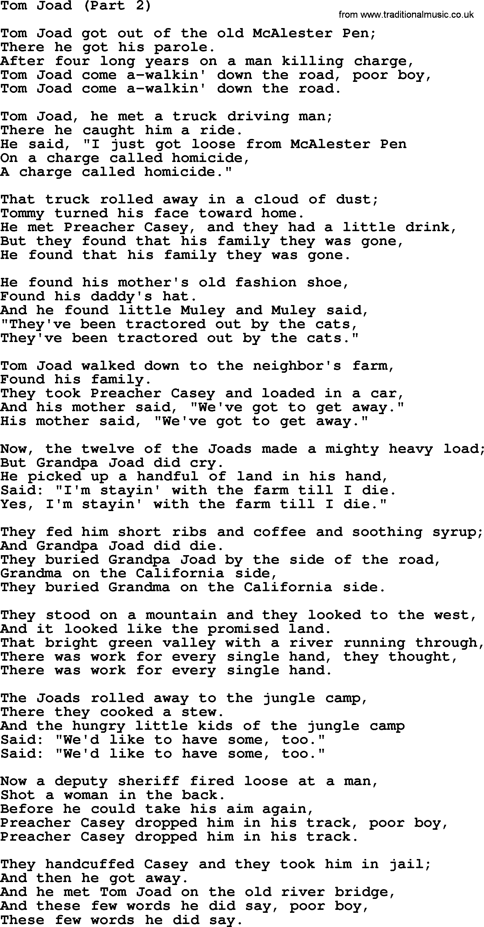 Woody Guthrie song Tom Joad Part 2 lyrics