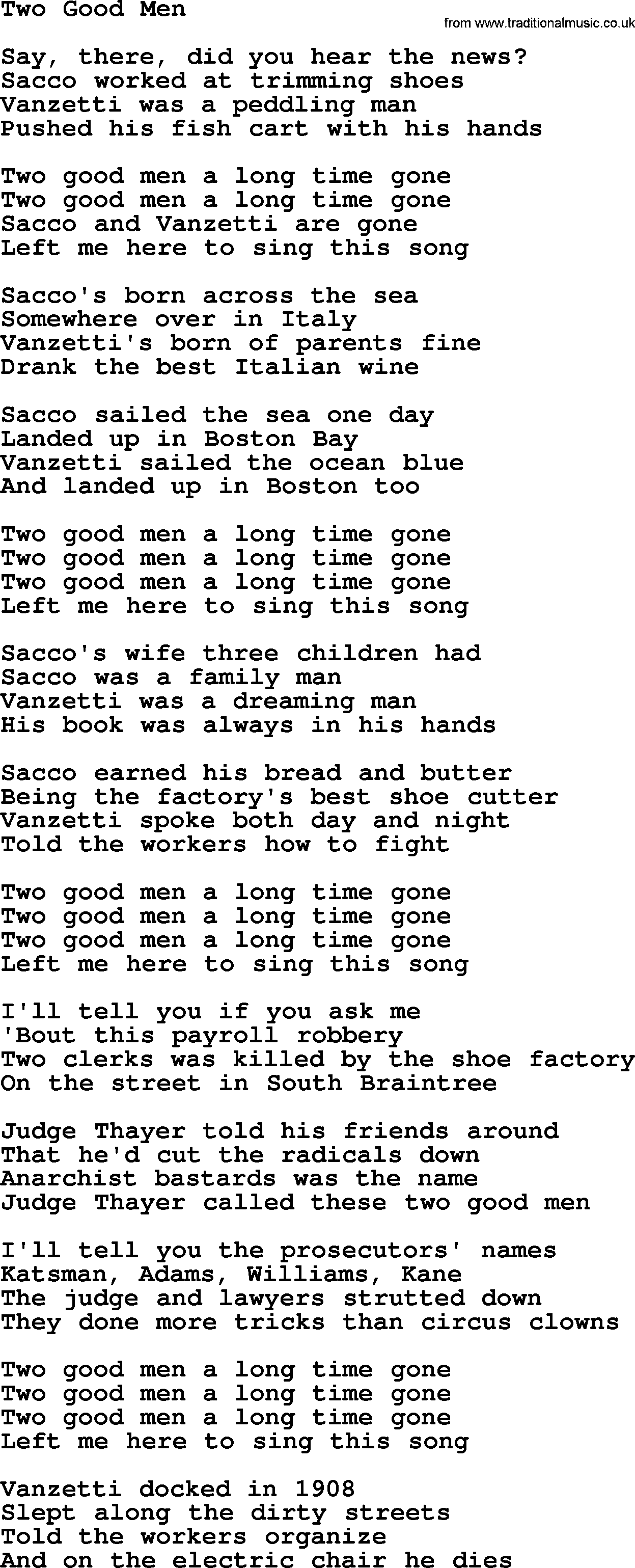 Woody Guthrie song Two Good Men lyrics