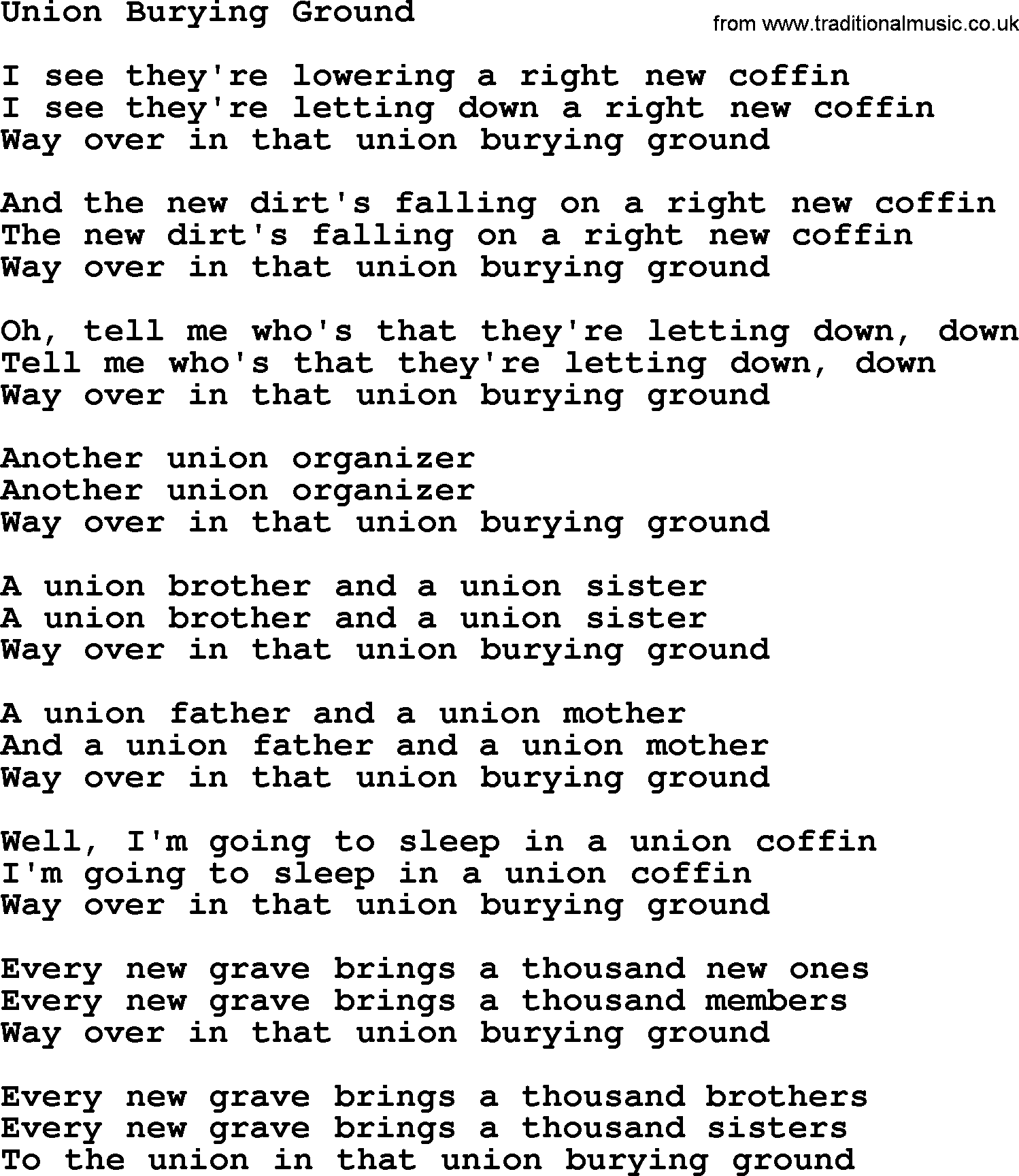 Woody Guthrie song Union Burying Ground lyrics