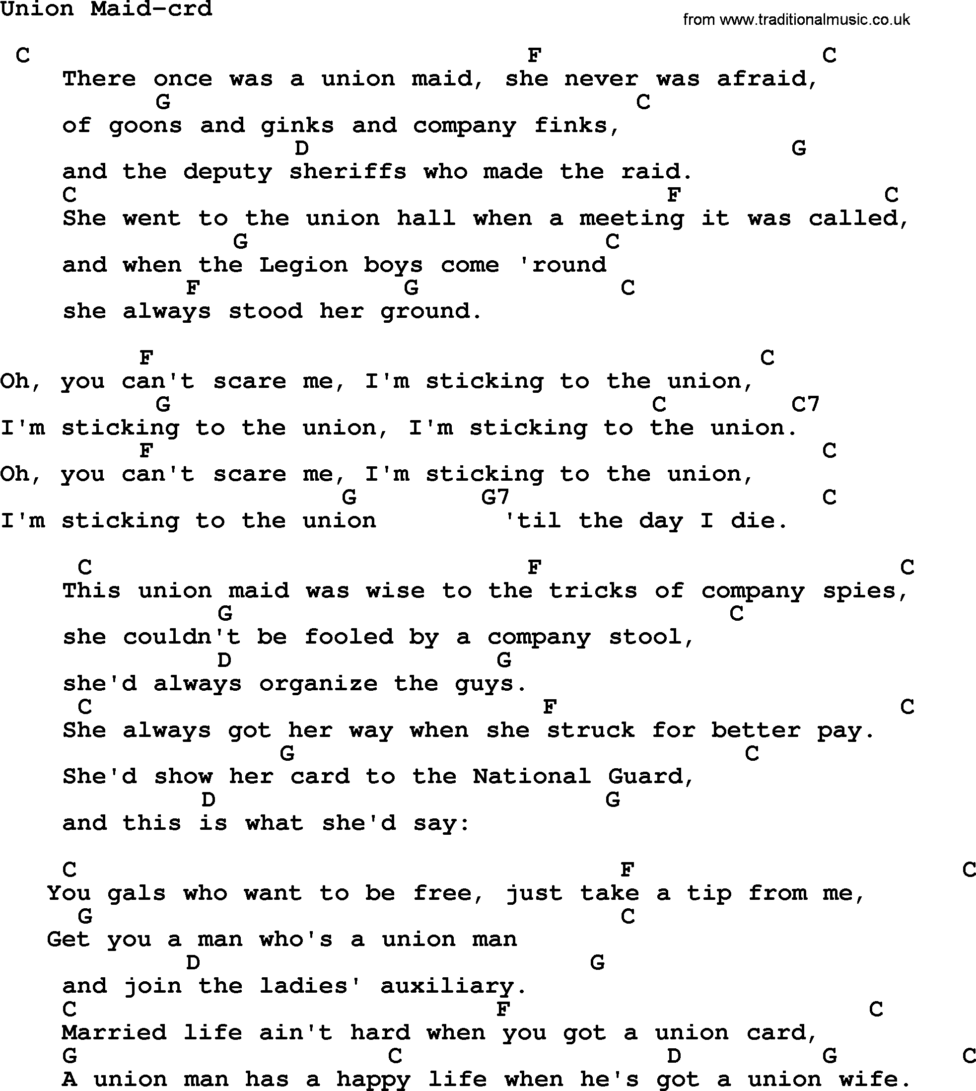 Woody Guthrie song Union Maid lyrics and chords