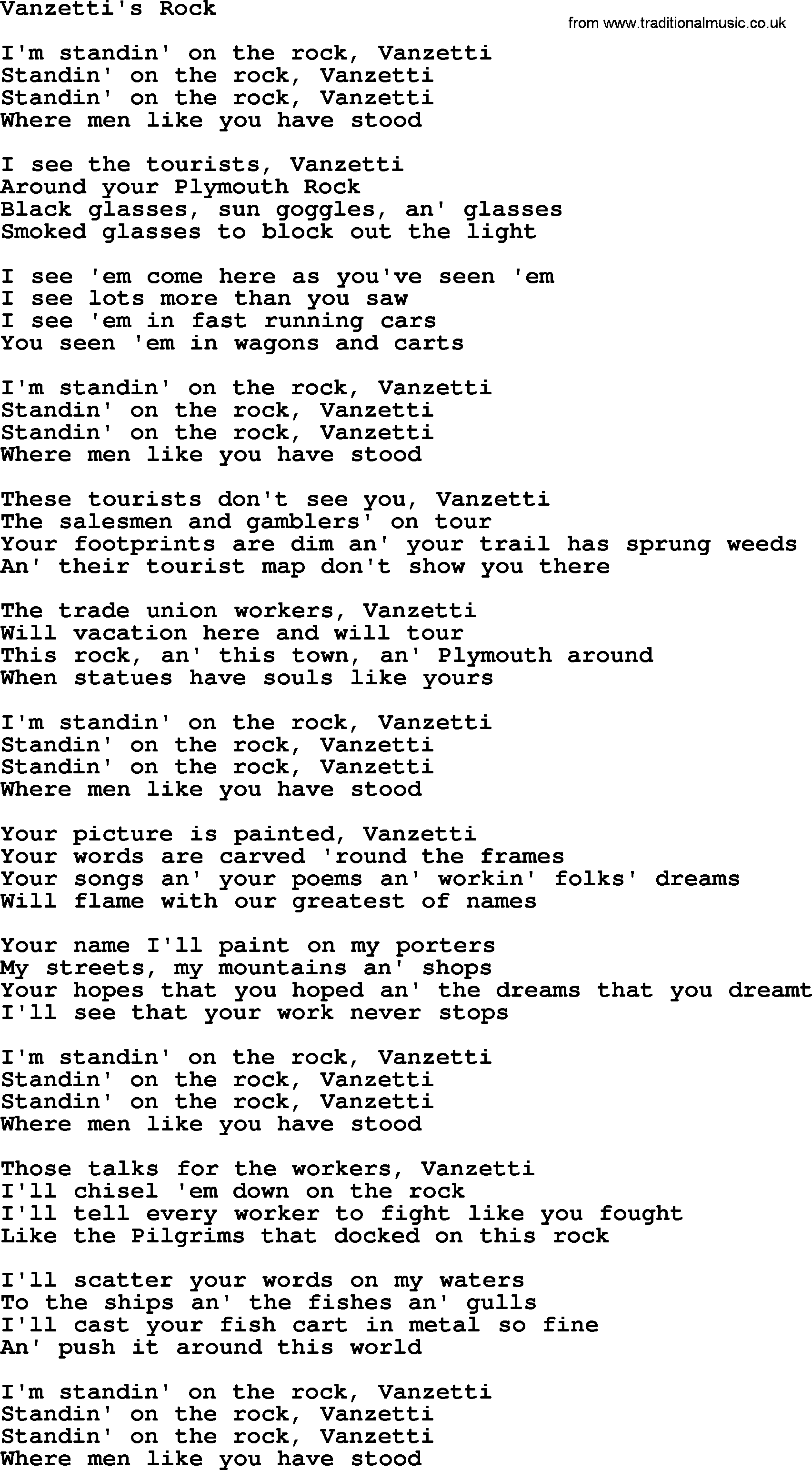 Woody Guthrie song Vanzettis Rock lyrics