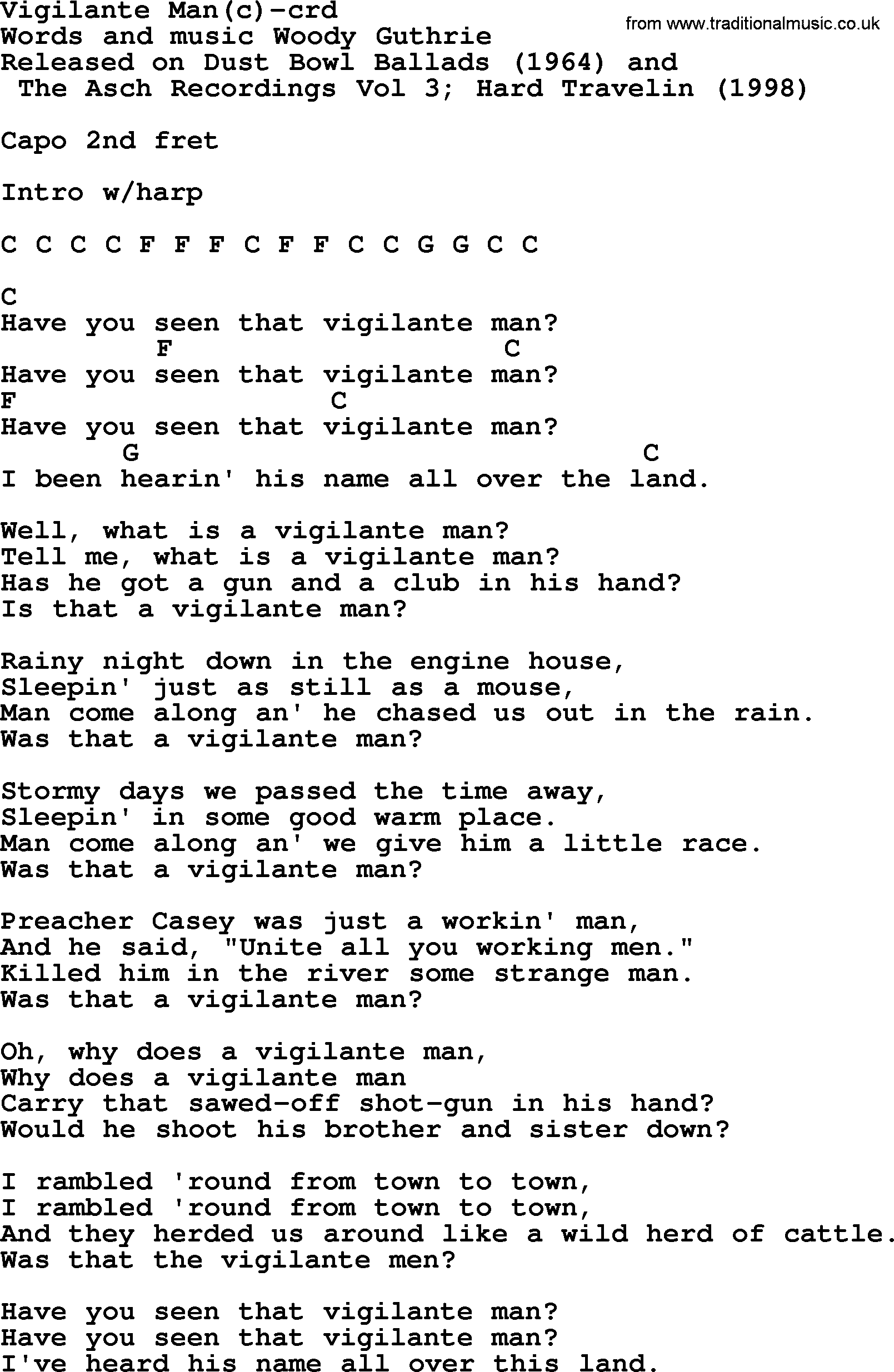Woody Guthrie song Vigilante Man(c) lyrics and chords