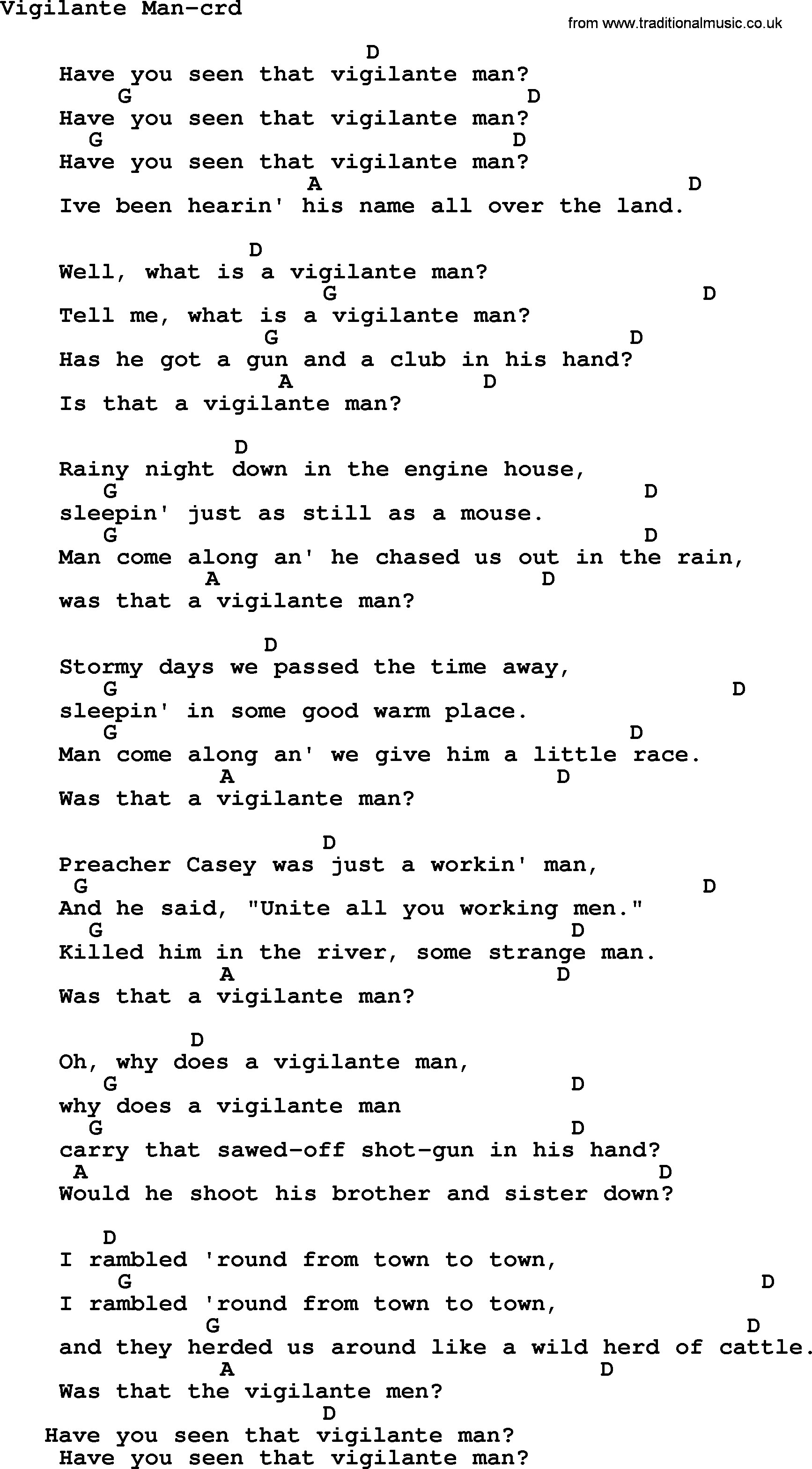 Woody Guthrie song Vigilante Man lyrics and chords