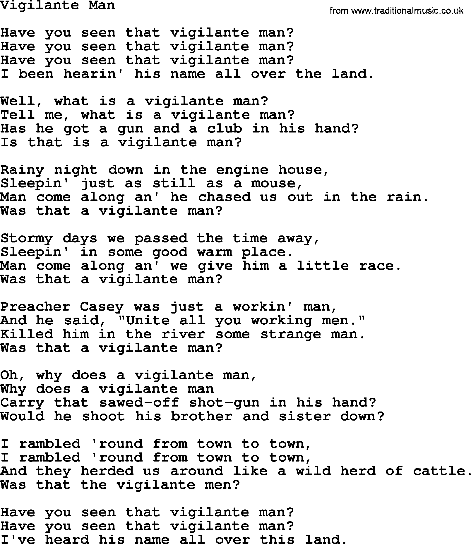 Woody Guthrie song Vigilante Man lyrics