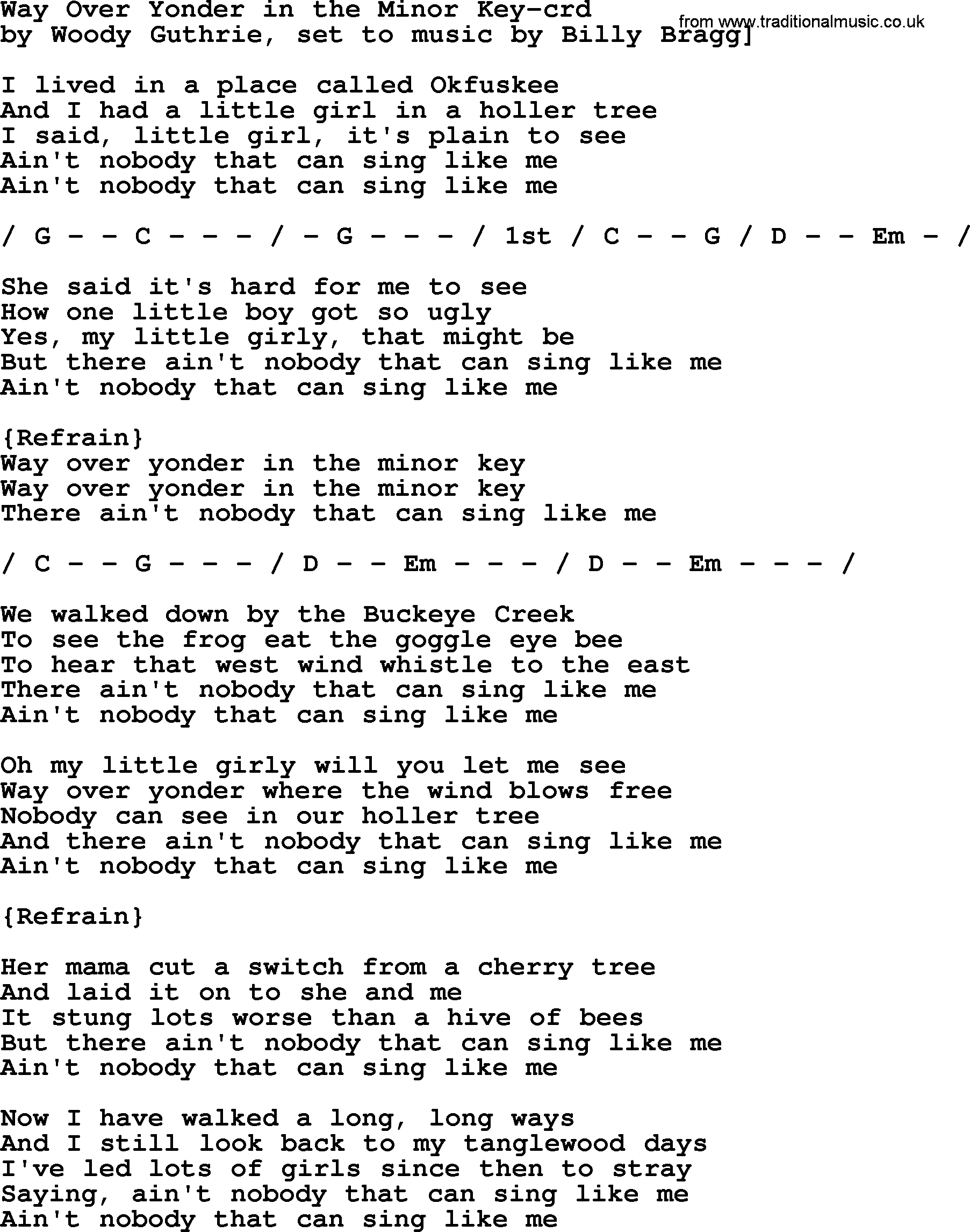 Woody Guthrie song Way Over Yonder In The Minor Key lyrics and chords