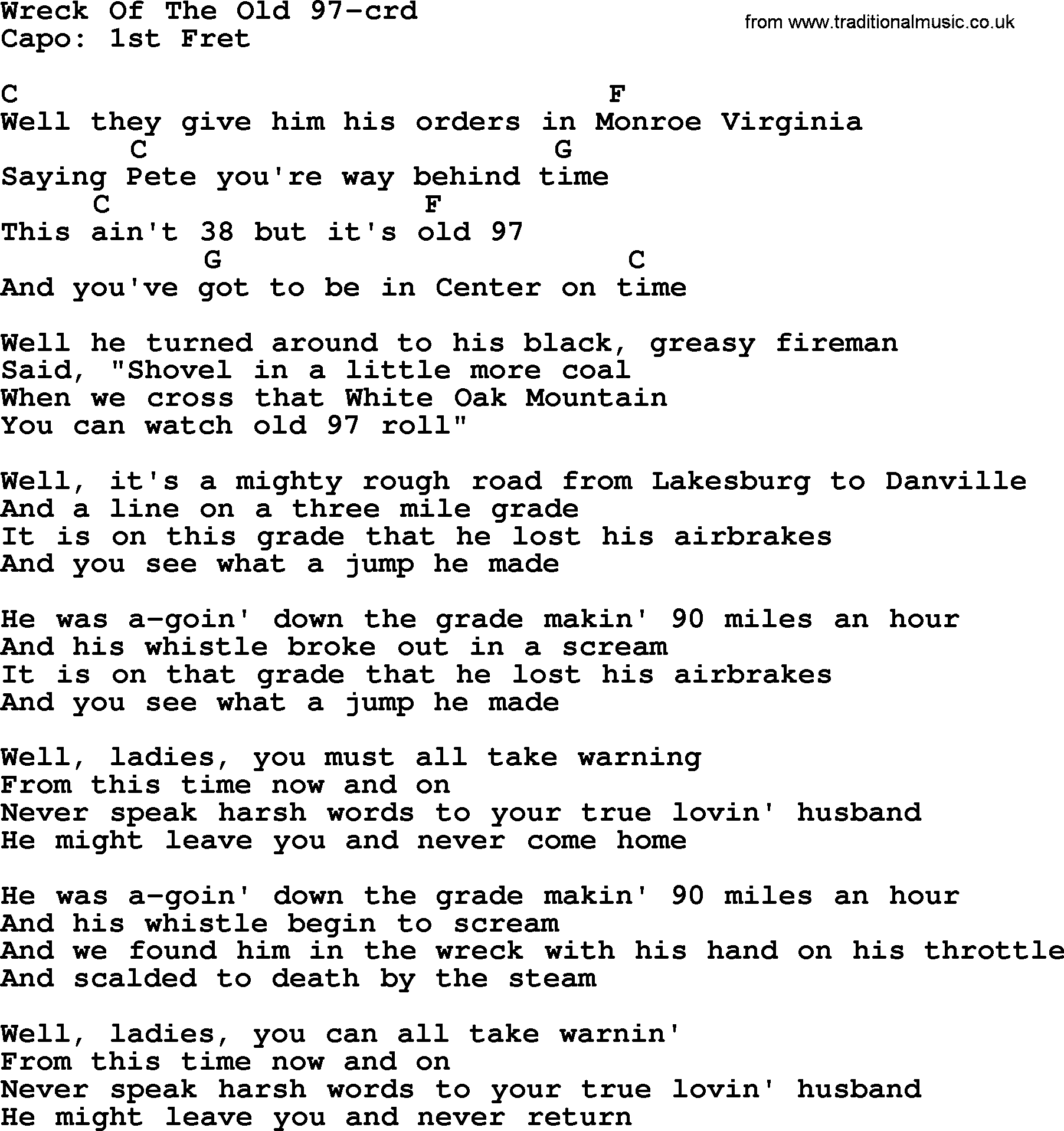 Woody Guthrie song Wreck Of The Old 97 lyrics and chords