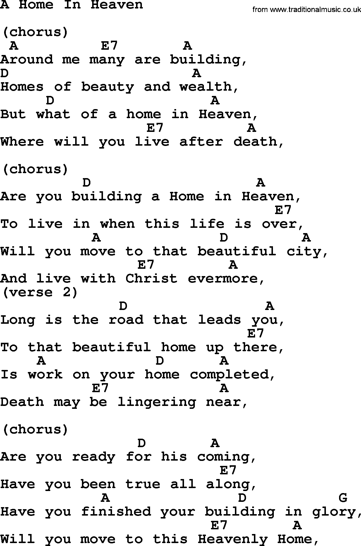 Hank Williams song A Home In Heaven, lyrics and chords