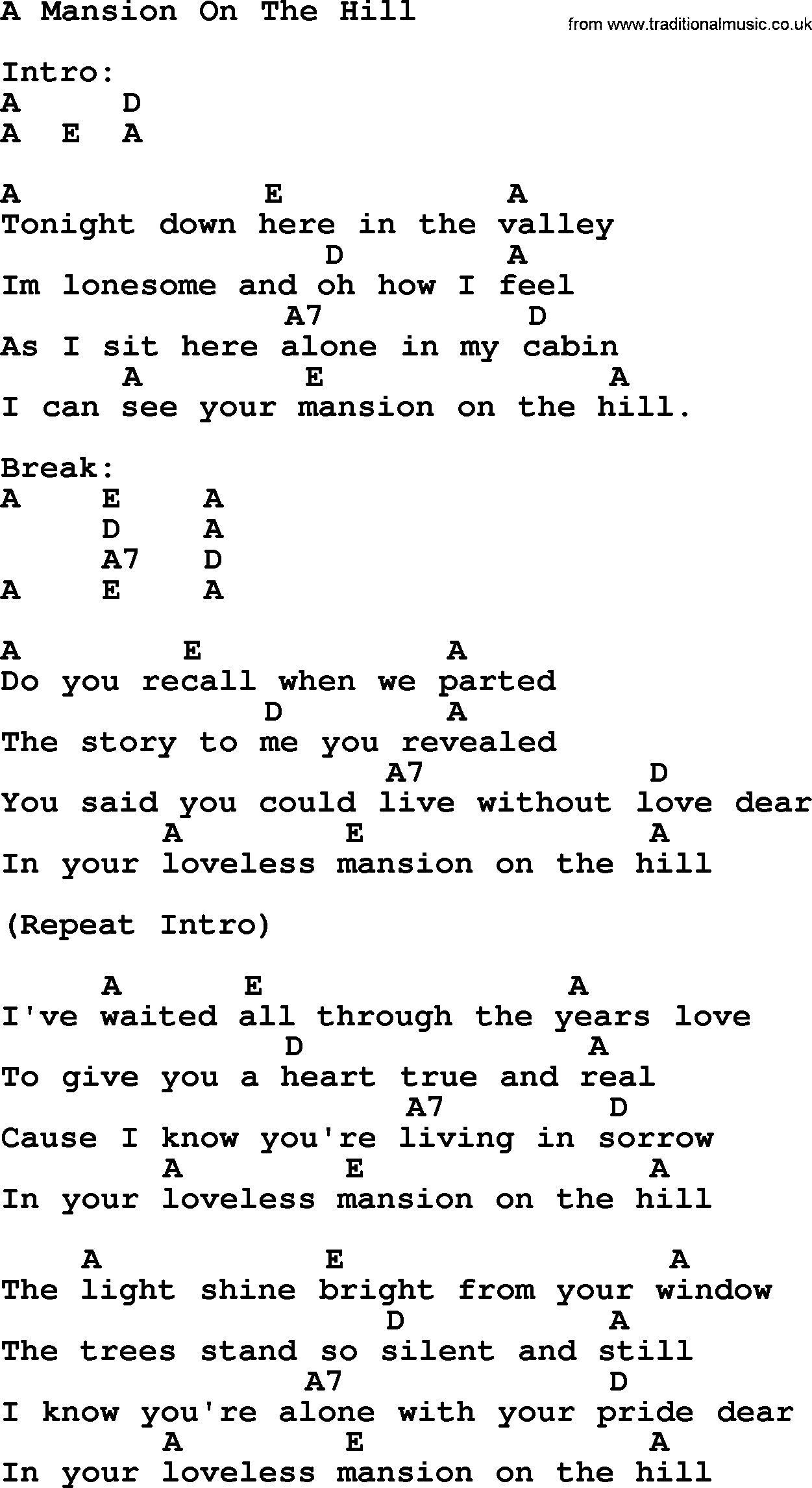 Hank Williams song A Mansion On The Hill, lyrics and chords