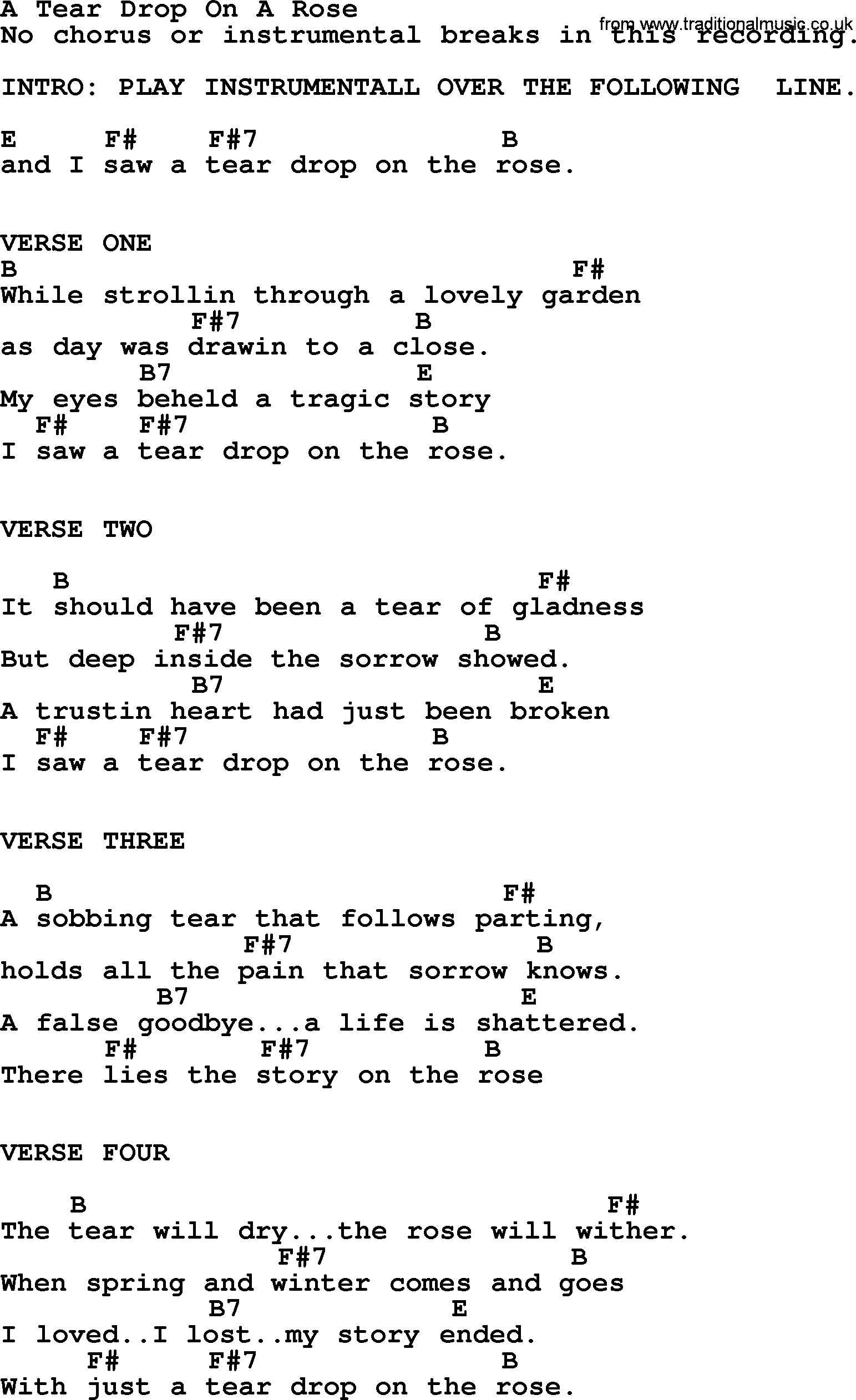 Hank Williams song A Tear Drop On A Rose, lyrics and chords