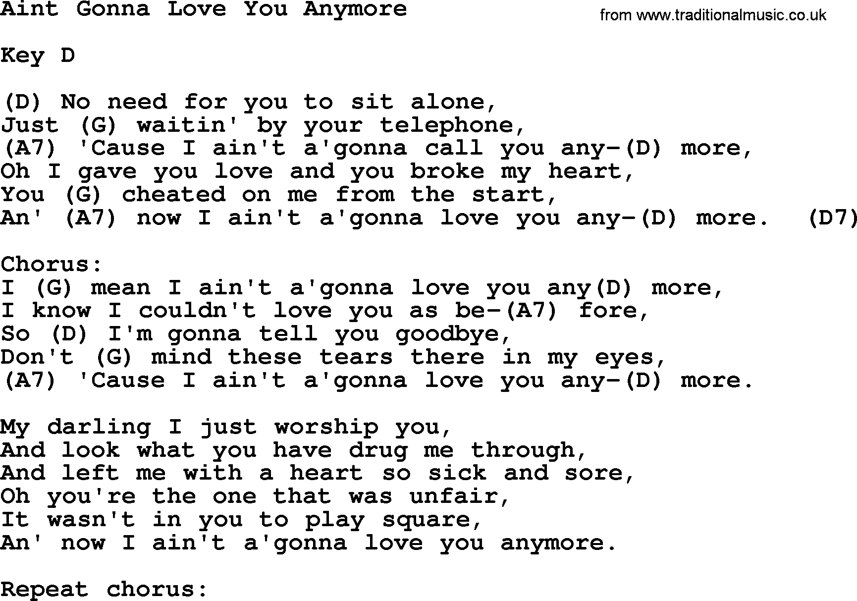 Hank Williams song Aint Gonna Love You Anymore, lyrics and chords