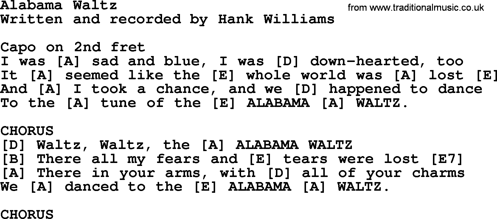Hank Williams song Alabama Waltz, lyrics and chords