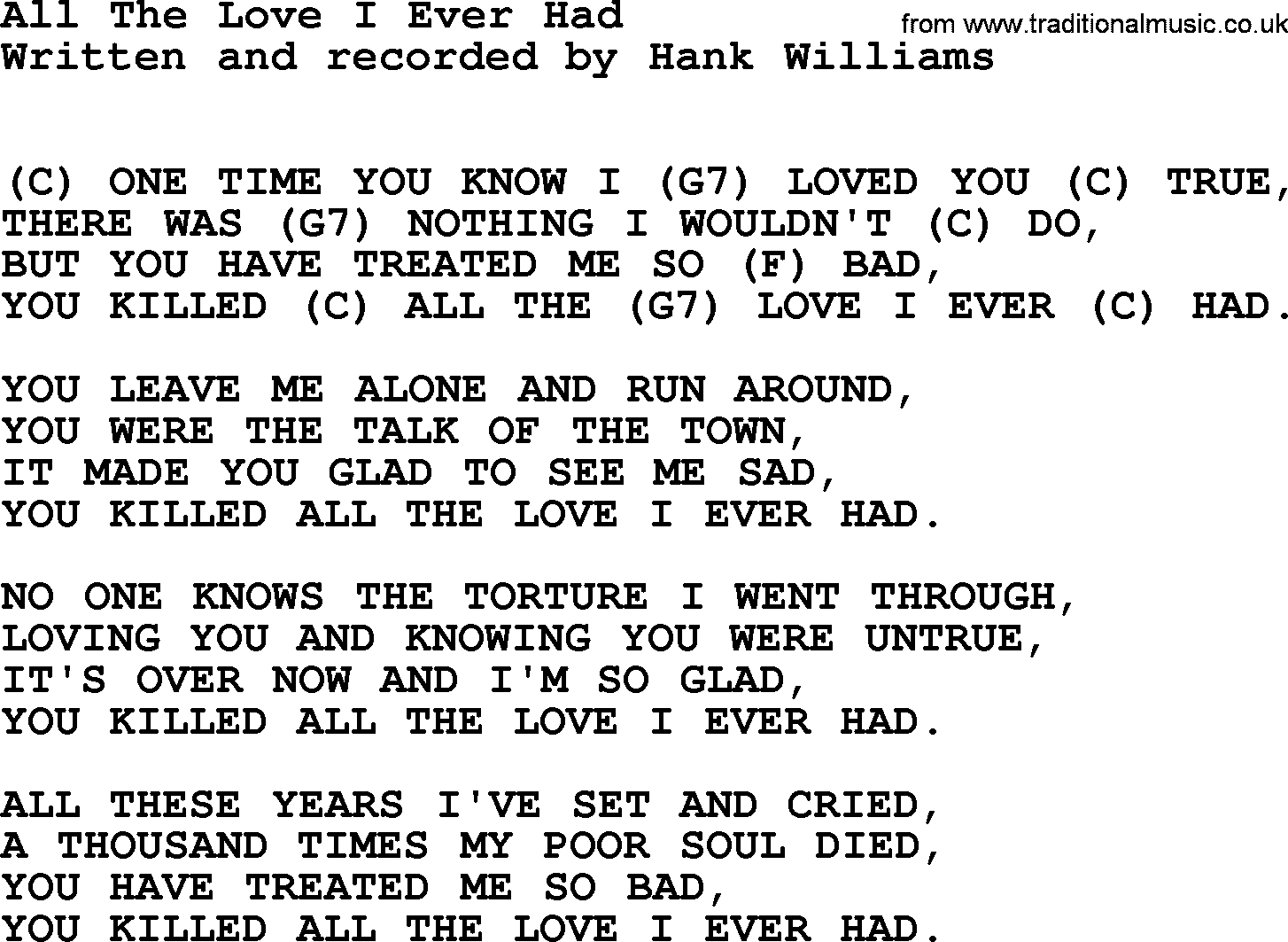 Hank Williams song All The Love I Ever Had, lyrics and chords