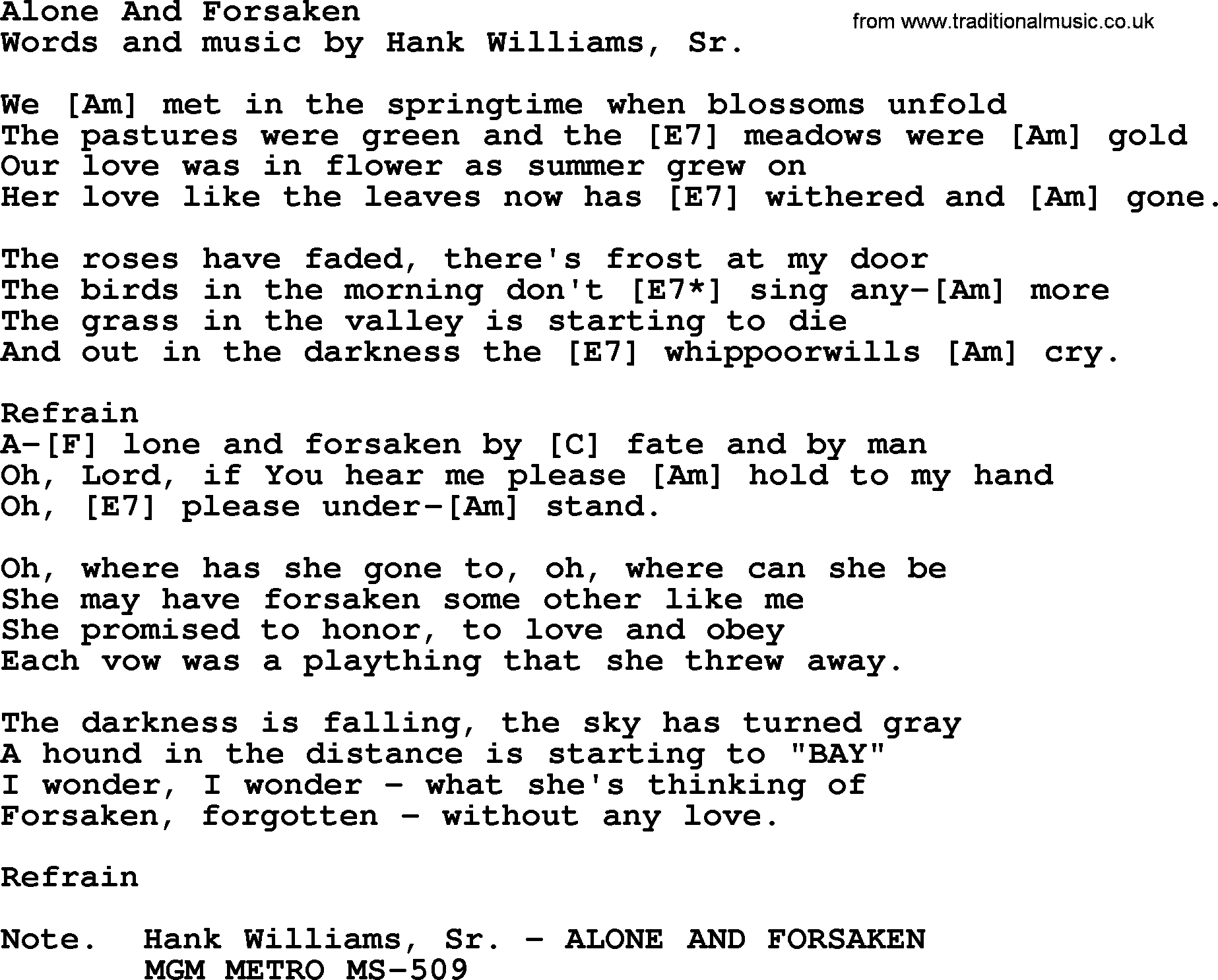 Hank Williams song Alone And Forsaken, lyrics and chords