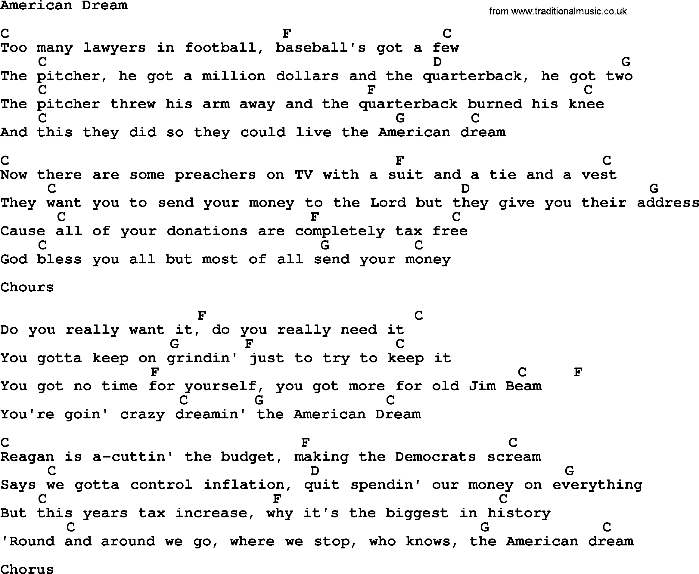 Hank Williams song American Dream, lyrics and chords