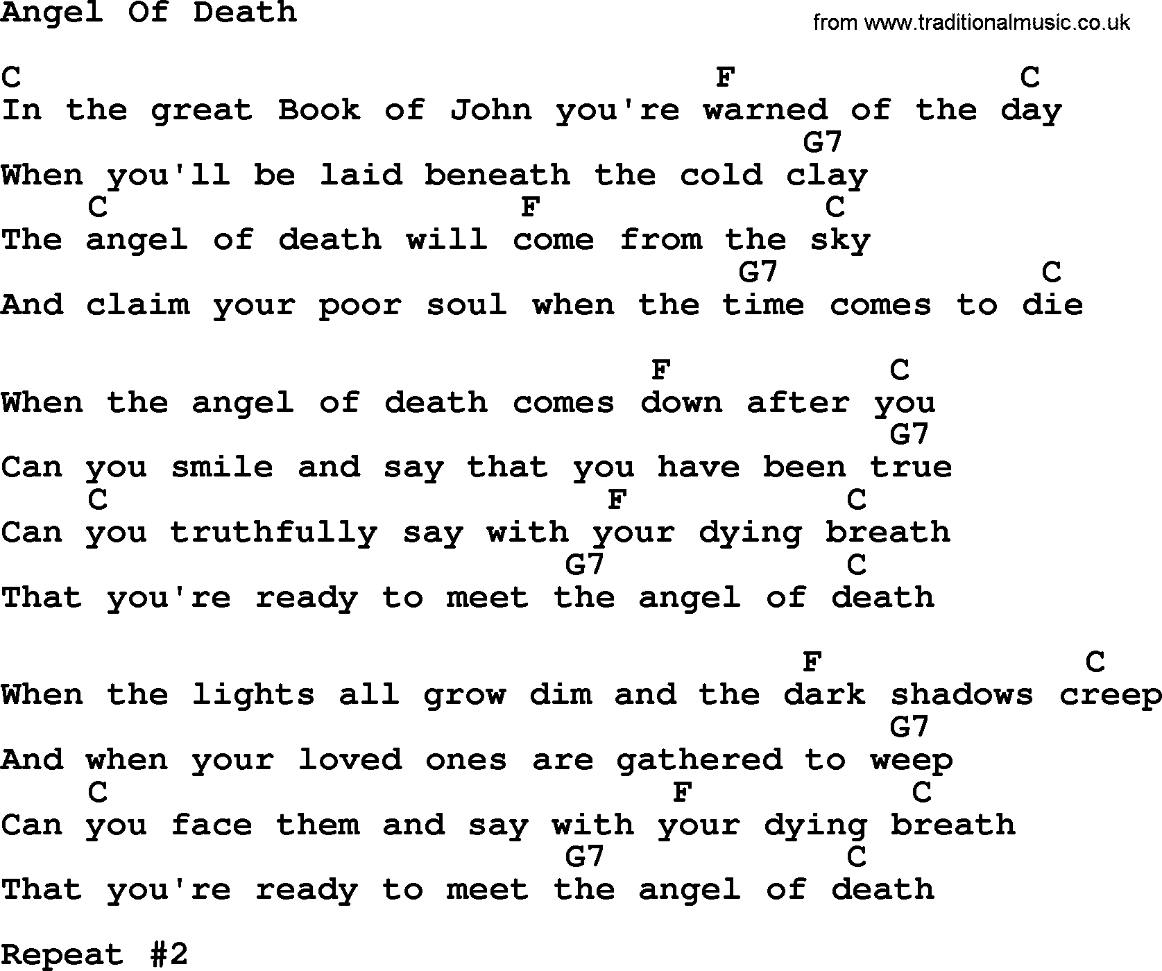 Hank Williams song Angel Of Death, lyrics and chords