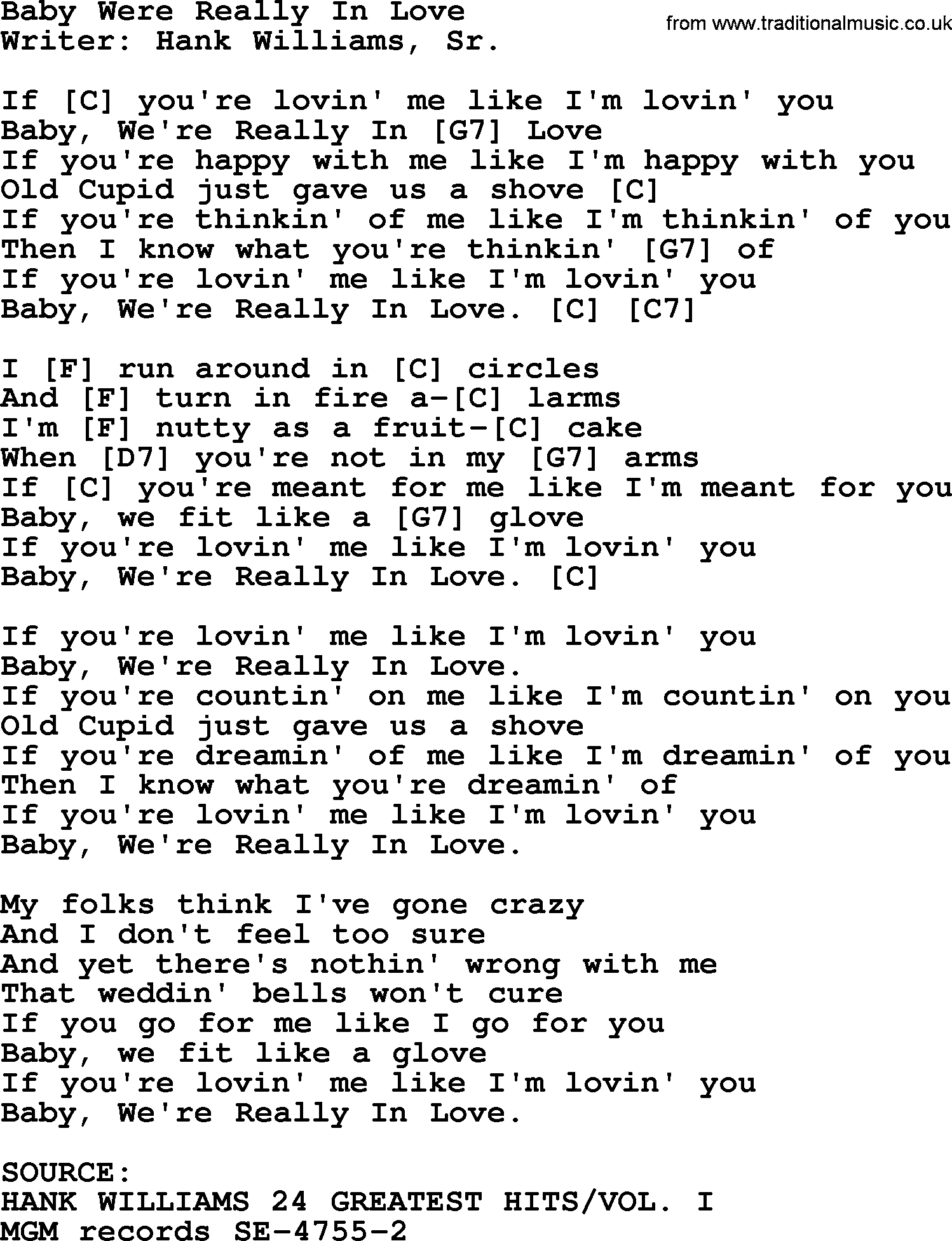 Hank Williams song Baby Were Really In Love, lyrics and chords