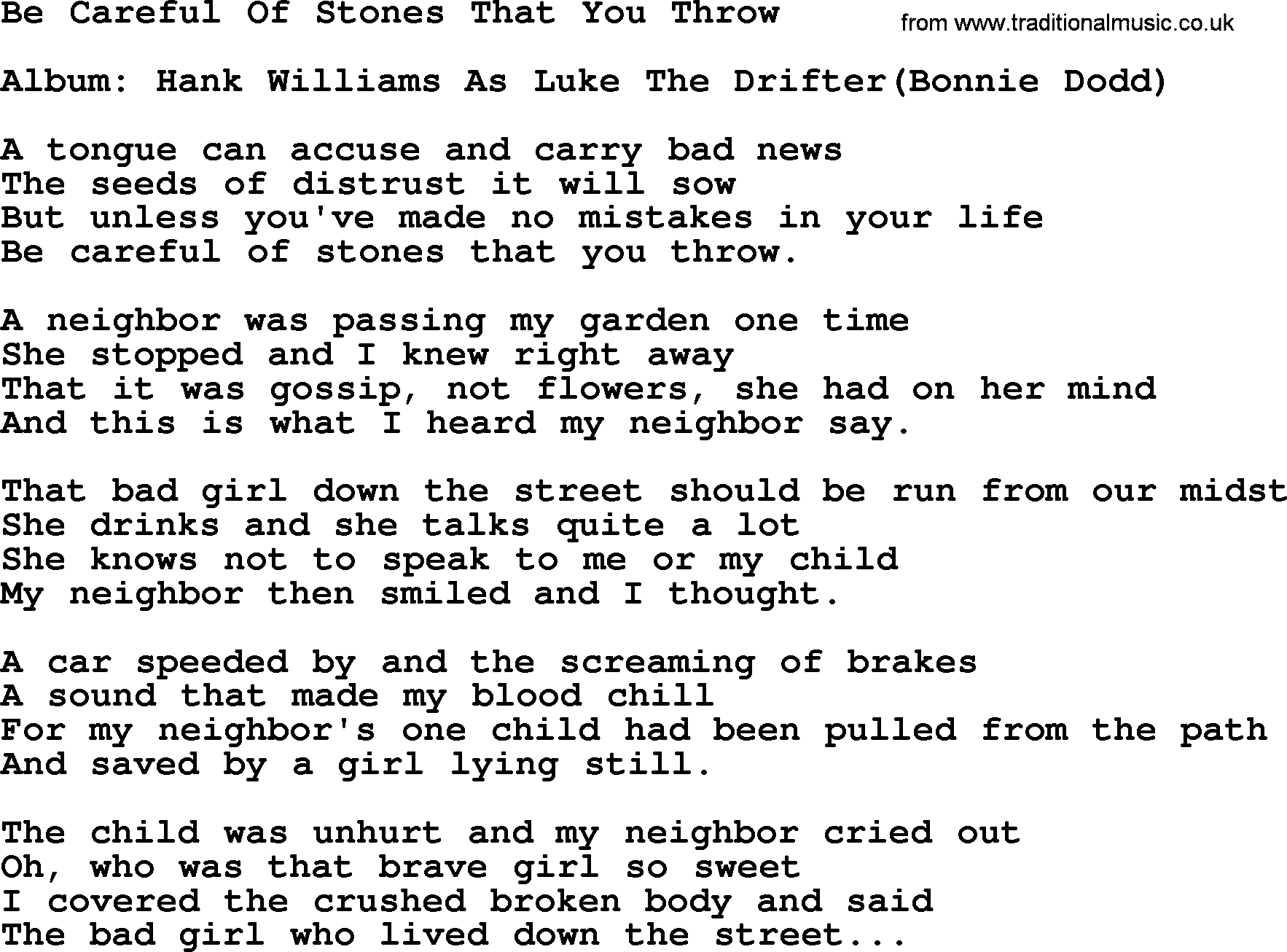 Hank Williams song Be Careful Of Stones That You Throw, lyrics