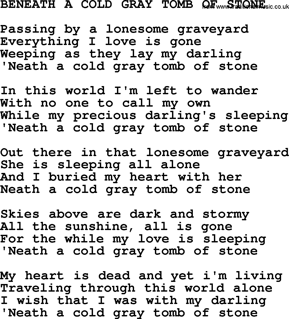 Hank Williams song Beneath A Cold Gray Tomb Of Stone, lyrics