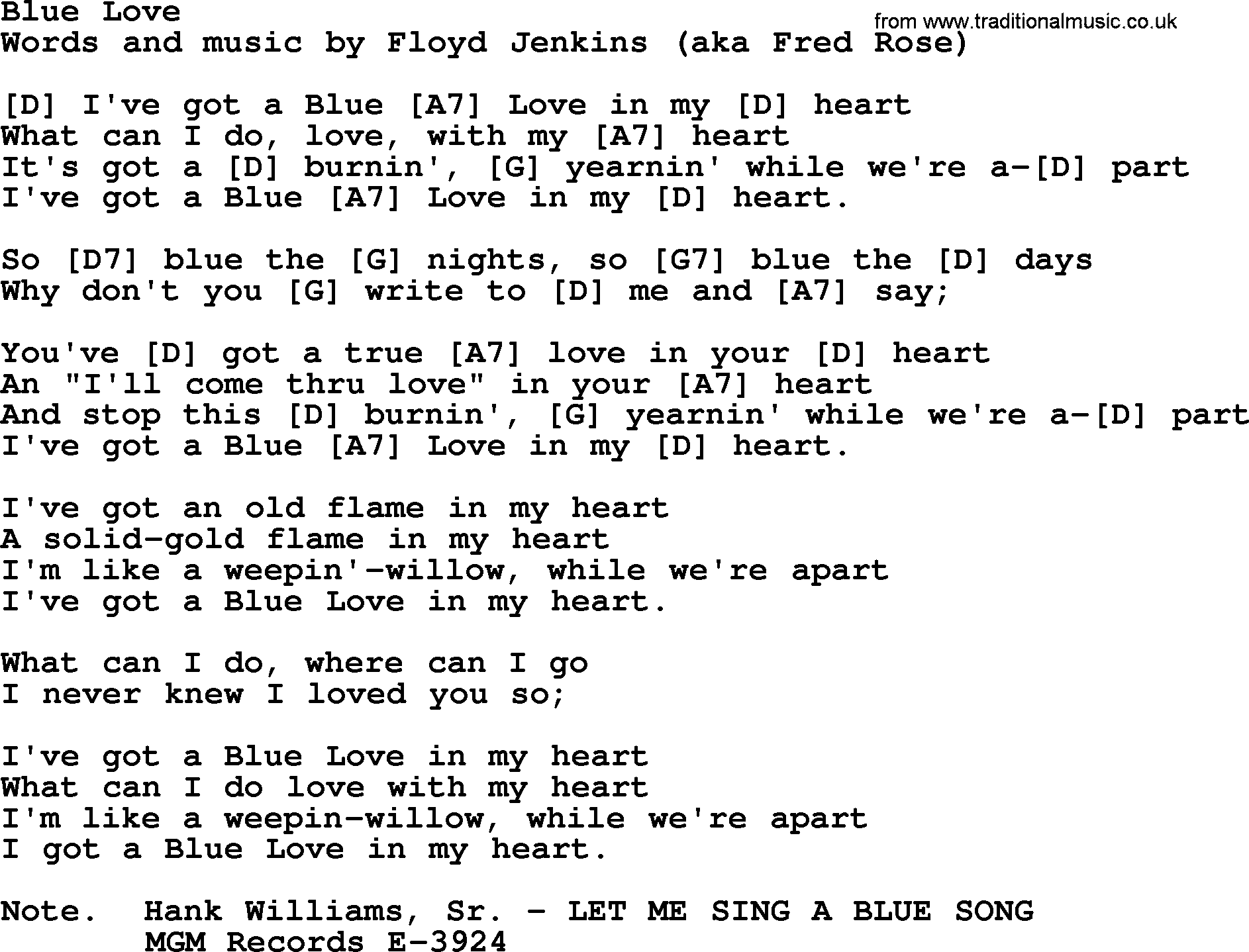 Hank Williams song Blue Love, lyrics and chords