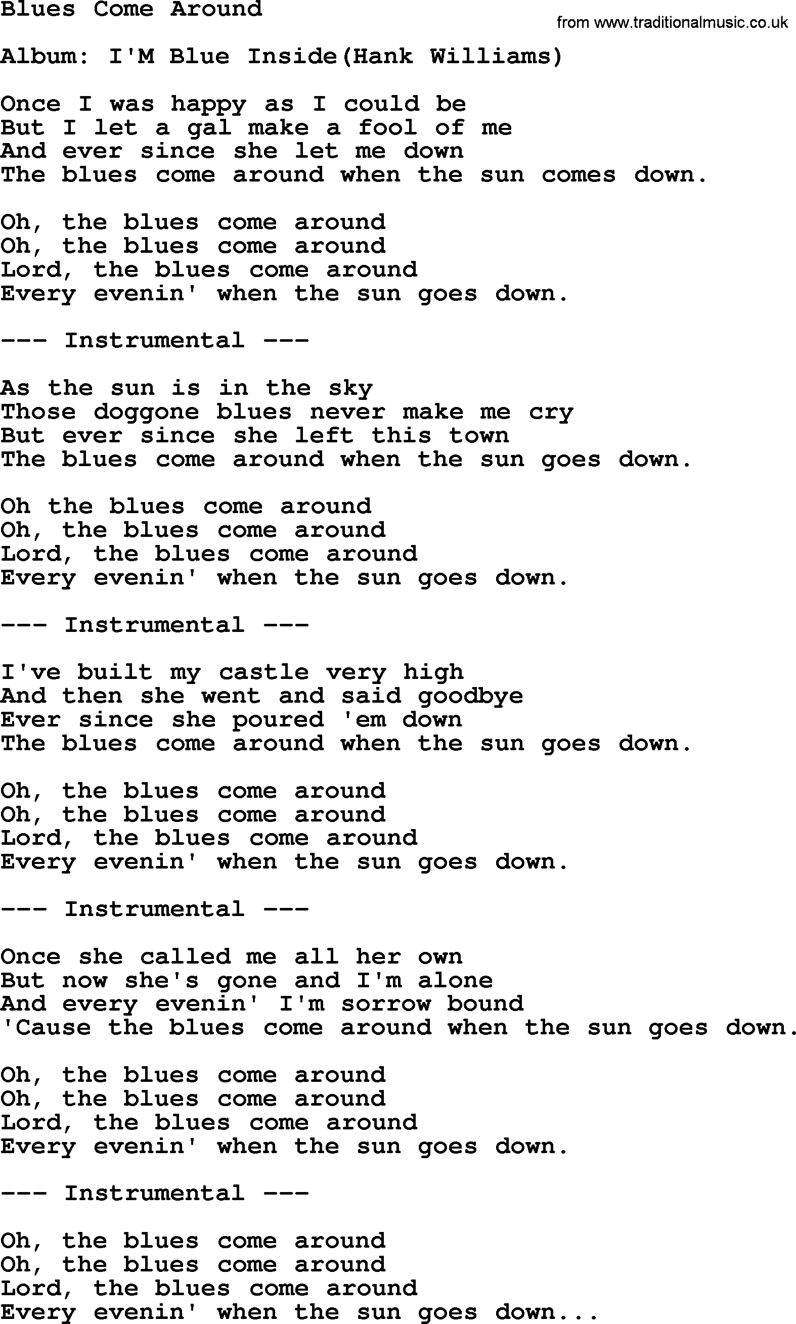 Hank Williams song Blues Come Around, lyrics