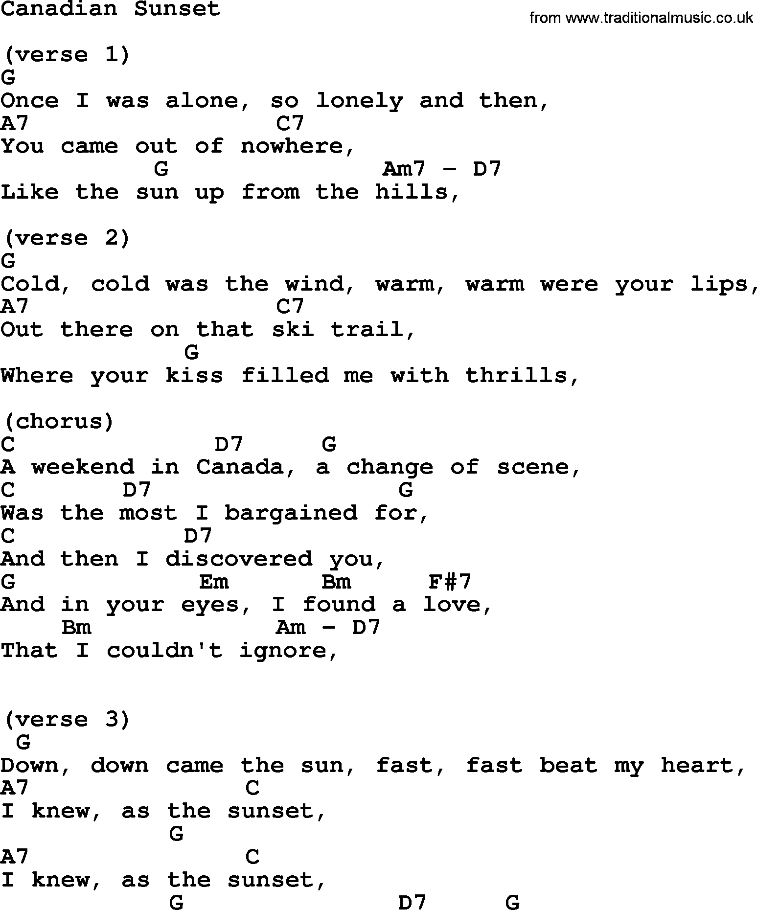 Hank Williams song Canadian Sunset, lyrics and chords