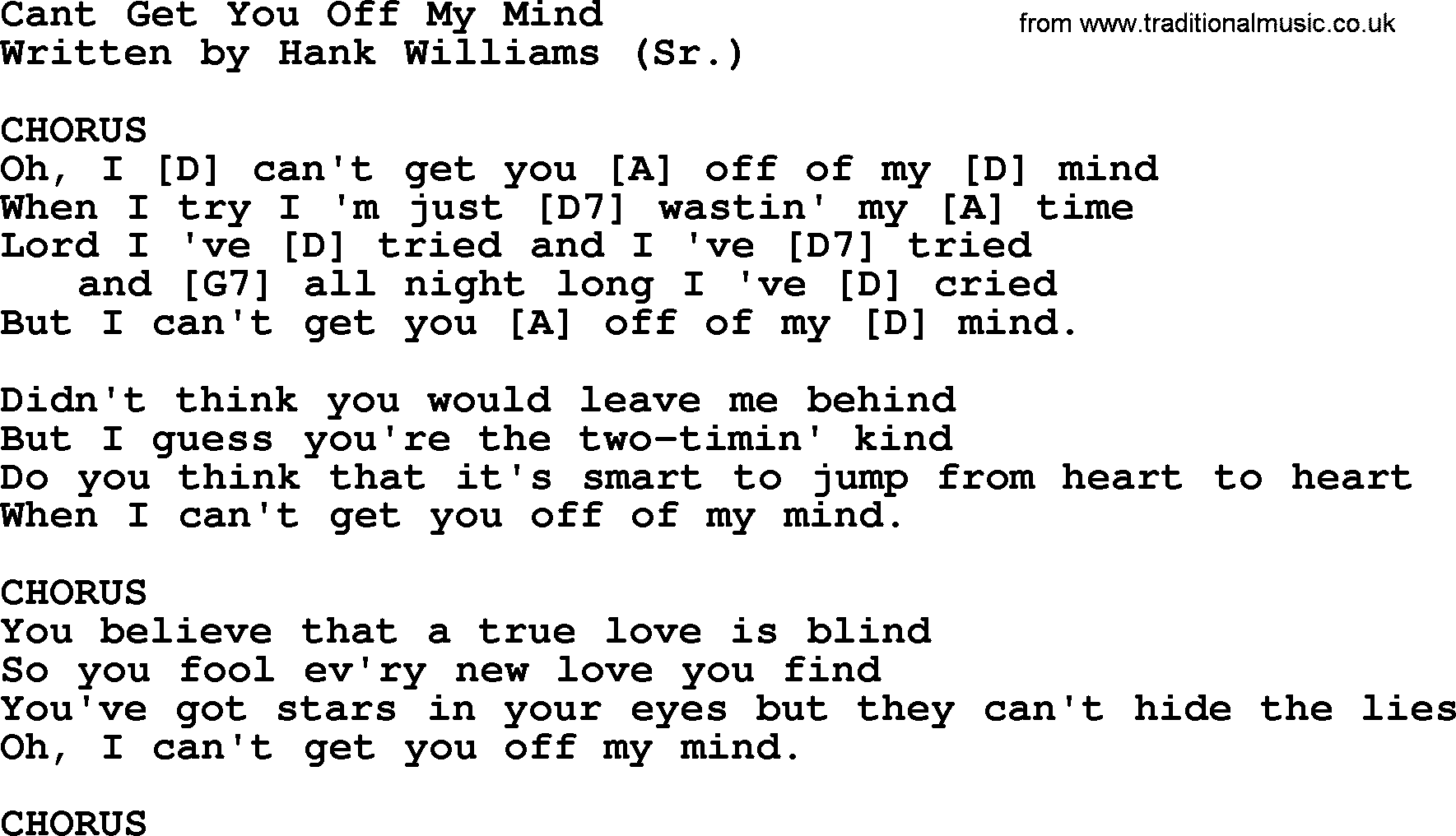 Hank Williams song Cant Get You Off My Mind, lyrics and chords