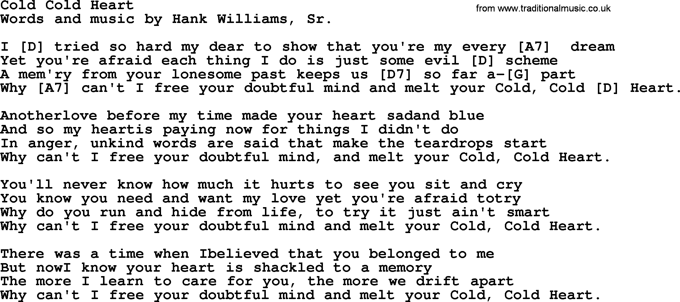 Hank Williams song Cold Cold Heart, lyrics and chords