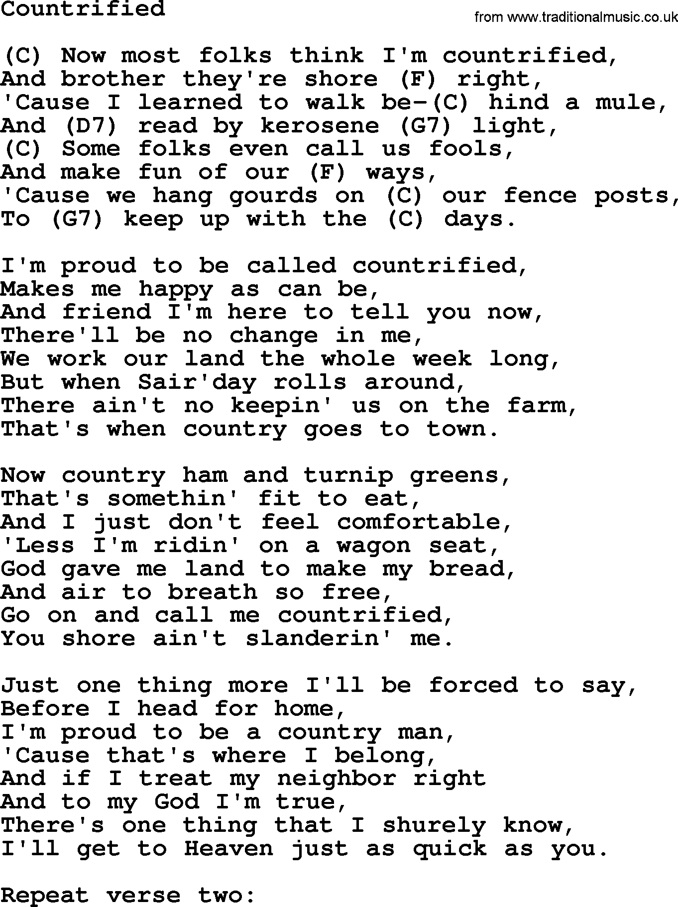 Hank Williams song Countrified, lyrics and chords
