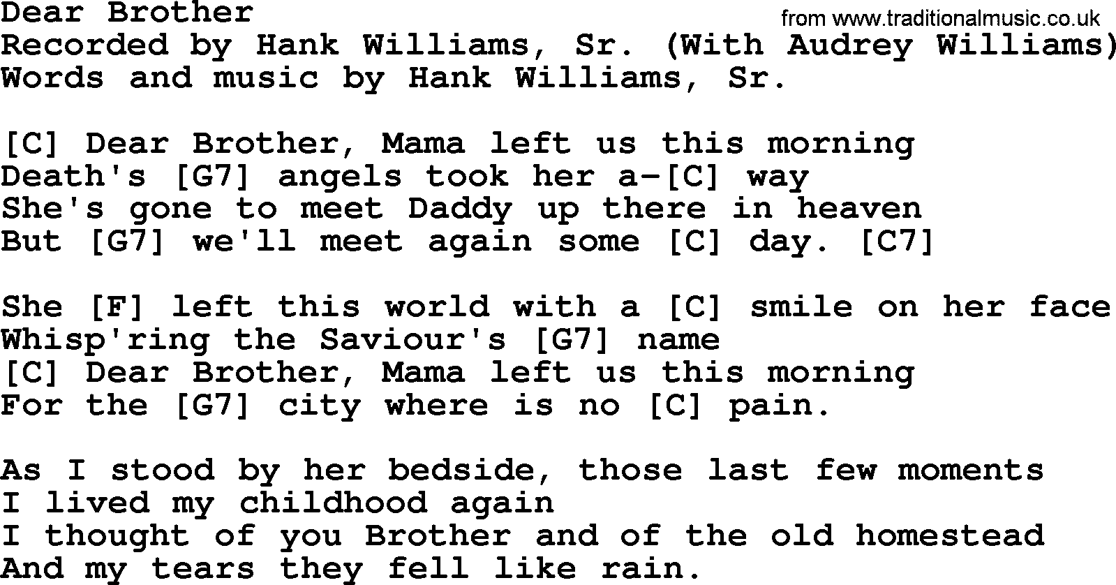 Hank Williams song Dear Brother, lyrics and chords